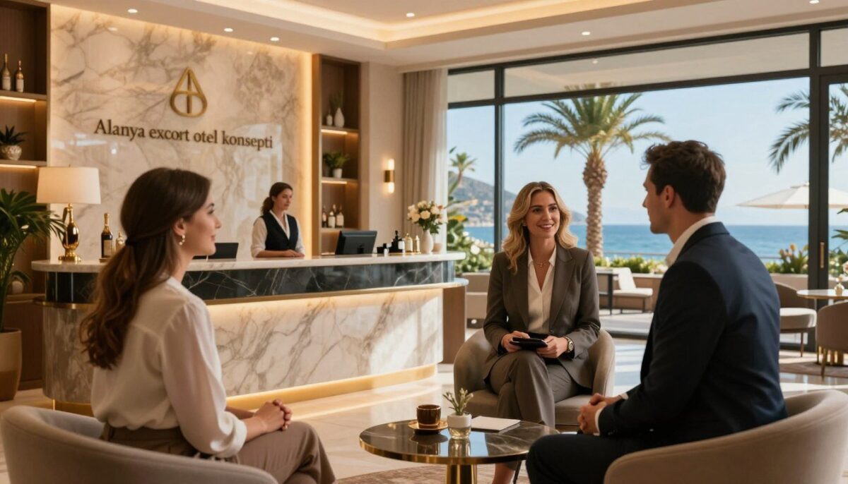 A stylish, sophisticated hotel lobby in Alanya, emphasizing luxury and comfort. In the foreground, two elegantly dressed individuals are engaged in a friendly conversation, showcasing a professional and welcoming atmosphere. The middle ground features a reception desk with friendly staff ready to assist tourists, adorned with tasteful decor and warm lighting. In the background, large windows reveal a stunning view of the Alanya coastline, with palm trees swaying gently in the breeze under a clear blue sky. The lighting is soft and inviting, creating a warm, relaxed mood. Include branding elements showcasing "Alanya escort otel konsepti" subtly integrated into the decor. Focus on professionalism and hospitality, ensuring all individuals are dressed in modest, professional attire suitable for a luxury setting. A stylish, sophisticated hotel lobby in Alanya, emphasizing luxury and comfort. In the foreground, two elegantly dressed individuals are engaged in a friendly conversation, showcasing a professional and welcoming atmosphere. The middle ground features a reception desk with friendly staff ready to assist tourists, adorned with tasteful decor and warm lighting. In the background, large windows reveal a stunning view of the Alanya coastline, with palm trees swaying gently in the breeze under a clear blue sky. The lighting is soft and inviting, creating a warm, relaxed mood. Include branding elements showcasing "Alanya escort otel konsepti" subtly integrated into the decor. Focus on professionalism and hospitality, ensuring all individuals are dressed in modest, professional attire suitable for a luxury setting.