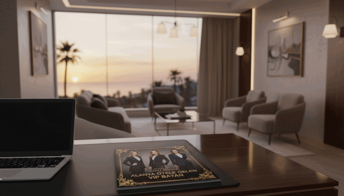 A stylish, sophisticated office setting that suggests professionalism and discretion, embodying the essence of a reputable escort agency. In the foreground, a polished desk with a laptop and a brochure titled "Alanya otele gelen vip bayan" prominently displayed, showcasing elegant images of well-dressed women in formal attire, ready for meetings. In the middle ground, soft, diffused lighting creates an inviting atmosphere, highlighting sleek furniture and tasteful decor. The background features a large, frosted glass window that reveals a glimpse of Alanya's scenic coastline, bathed in golden sunset hues. The overall mood should convey a sense of luxury, confidence, and trustworthiness, perfect for anyone seeking a high-quality escort service experience. A stylish, sophisticated office setting that suggests professionalism and discretion, embodying the essence of a reputable escort agency. In the foreground, a polished desk with a laptop and a brochure titled "Alanya otele gelen vip bayan" prominently displayed, showcasing elegant images of well-dressed women in formal attire, ready for meetings. In the middle ground, soft, diffused lighting creates an inviting atmosphere, highlighting sleek furniture and tasteful decor. The background features a large, frosted glass window that reveals a glimpse of Alanya's scenic coastline, bathed in golden sunset hues. The overall mood should convey a sense of luxury, confidence, and trustworthiness, perfect for anyone seeking a high-quality escort service experience.