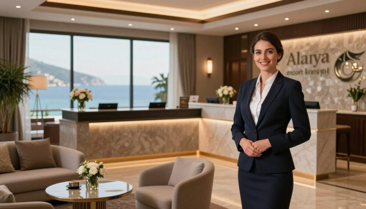 A stylish, sophisticated reception area in a luxury hotel, featuring an elegant seating arrangement and tasteful decor. In the foreground, a well-dressed English-speaking female professional, wearing a smart business outfit, stands confidently with a welcoming smile. In the middle ground, a sleek reception desk adorned with fresh flowers and subtle lighting enhances the upscale atmosphere. The background showcases soft, ambient lighting with a panoramic view of Alanya's scenic coast through large windows, creating a sense of tranquility and allure. The mood is inviting and premium, emphasizing the brand "Alanya escort otel konsepti" subtly integrated within the hotel environment. The image captures the essence of professionalism and luxury, perfect for showcasing premier services. A stylish, sophisticated reception area in a luxury hotel, featuring an elegant seating arrangement and tasteful decor. In the foreground, a well-dressed English-speaking female professional, wearing a smart business outfit, stands confidently with a welcoming smile. In the middle ground, a sleek reception desk adorned with fresh flowers and subtle lighting enhances the upscale atmosphere. The background showcases soft, ambient lighting with a panoramic view of Alanya's scenic coast through large windows, creating a sense of tranquility and allure. The mood is inviting and premium, emphasizing the brand "Alanya escort otel konsepti" subtly integrated within the hotel environment. The image captures the essence of professionalism and luxury, perfect for showcasing premier services.