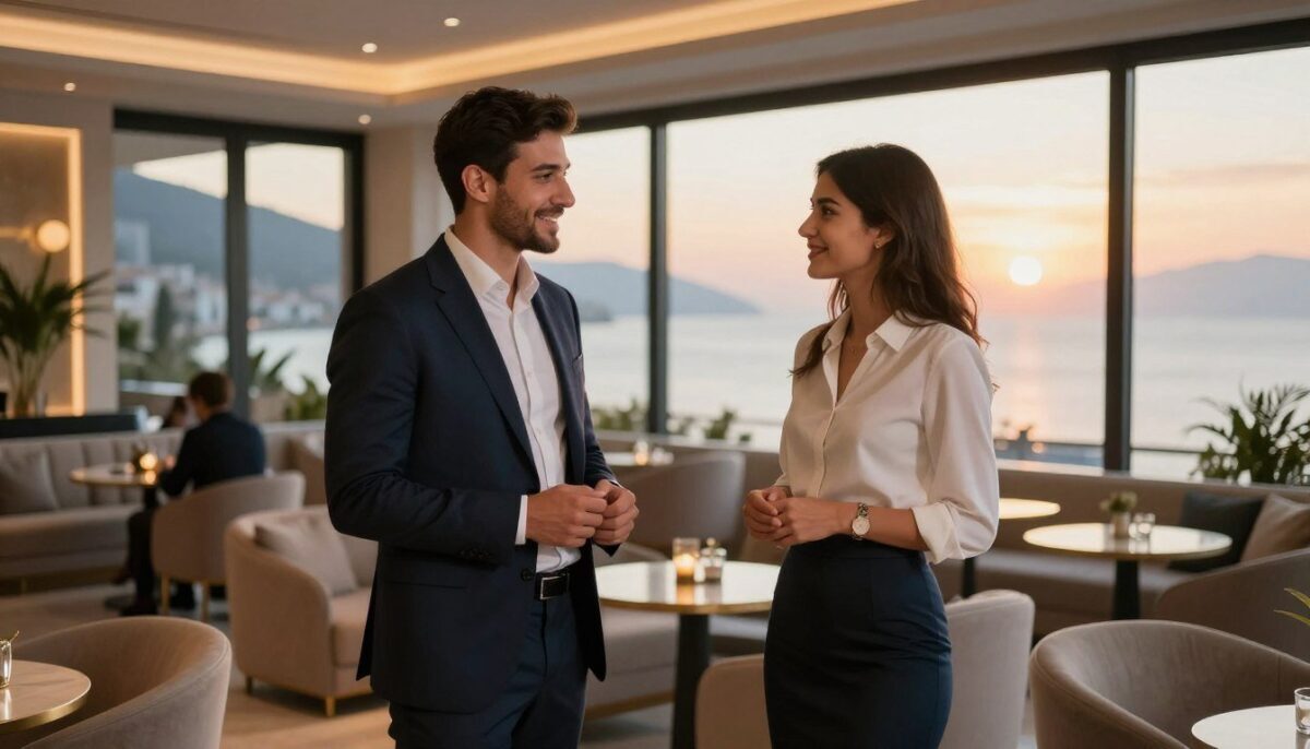 A stylish, upscale lounge in Alanya, elegantly decorated with modern furnishings and soft ambient lighting. In the foreground, two professional VIP escorts engaged in friendly conversation, dressed in tasteful business attire—one in a tailored blazer and dress pants, the other in a chic blouse and smart skirt. Their expressions are warm and inviting, showcasing social interaction and connection. In the background, panoramic windows reveal a scenic view of Alanya's picturesque coastline under a golden sunset, enhancing the luxurious atmosphere. The composition conveys a sense of sophistication and warmth, highlighting the benefits of social engagement with attentive companions from "Alanya escort özel müşteri." The scene is well-lit, with soft shadows adding depth, captured from a slight angle to frame both the escorts and the stunning backdrop harmoniously. A stylish, upscale lounge in Alanya, elegantly decorated with modern furnishings and soft ambient lighting. In the foreground, two professional VIP escorts engaged in friendly conversation, dressed in tasteful business attire—one in a tailored blazer and dress pants, the other in a chic blouse and smart skirt. Their expressions are warm and inviting, showcasing social interaction and connection. In the background, panoramic windows reveal a scenic view of Alanya's picturesque coastline under a golden sunset, enhancing the luxurious atmosphere. The composition conveys a sense of sophistication and warmth, highlighting the benefits of social engagement with attentive companions from "Alanya escort özel müşteri." The scene is well-lit, with soft shadows adding depth, captured from a slight angle to frame both the escorts and the stunning backdrop harmoniously.