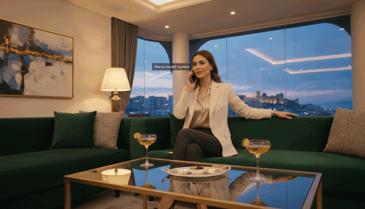 A stylish, upscale lounge scene in Alanya featuring a well-dressed professional woman in elegant business attire, sitting at a plush velvet sofa with a sophisticated ambiance. The foreground shows her engaging in a discreet conversation on a smartphone, symbolizing reliable companionship through "Alanya escort numara". In the middle ground, tasteful decor enhances the luxurious feel, with soft lighting casting a warm glow and a few delicately arranged drinks on the coffee table. The background reveals a view of Alanya's beautiful coastline through large windows, creating a serene and inviting atmosphere. The mood is elegant and discreet, capturing the essence of companionship without any explicit imagery. The camera angle is slightly lower, giving a dynamic perspective while maintaining professional composure. A stylish, upscale lounge scene in Alanya featuring a well-dressed professional woman in elegant business attire, sitting at a plush velvet sofa with a sophisticated ambiance. The foreground shows her engaging in a discreet conversation on a smartphone, symbolizing reliable companionship through "Alanya escort numara". In the middle ground, tasteful decor enhances the luxurious feel, with soft lighting casting a warm glow and a few delicately arranged drinks on the coffee table. The background reveals a view of Alanya's beautiful coastline through large windows, creating a serene and inviting atmosphere. The mood is elegant and discreet, capturing the essence of companionship without any explicit imagery. The camera angle is slightly lower, giving a dynamic perspective while maintaining professional composure.