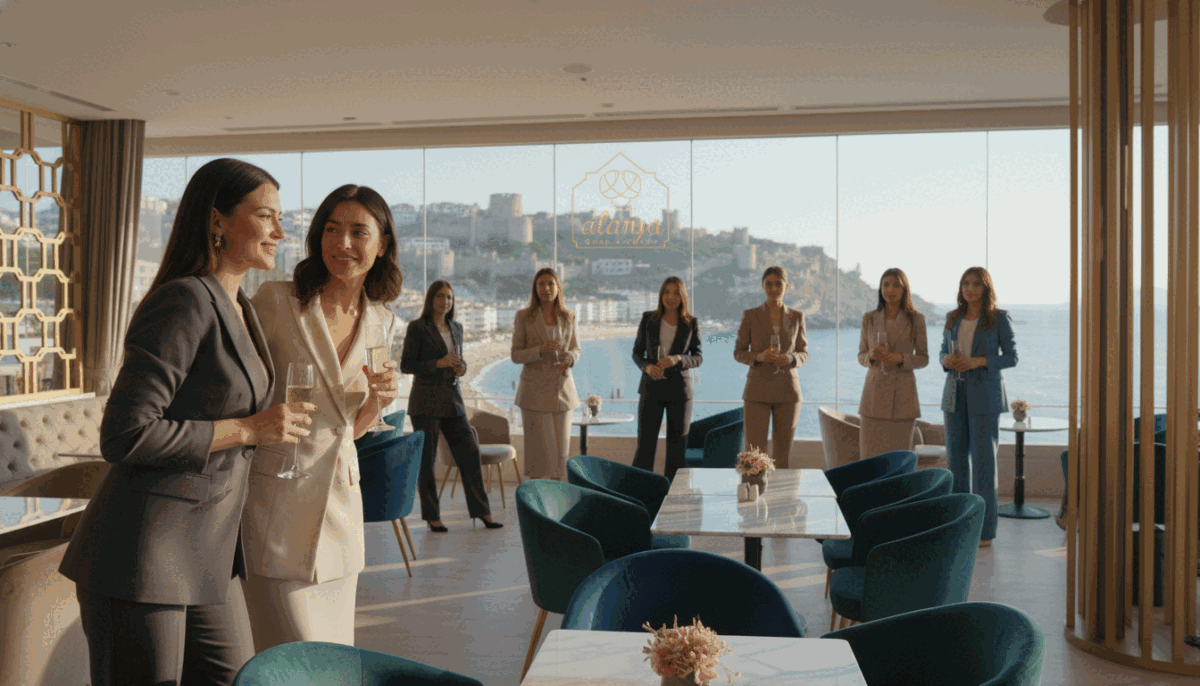 A stylish, upscale setting in Alanya featuring a diverse group of women dressed in elegant business attire, standing confidently in a chic lounge area. The foreground includes a well-dressed woman with a friendly smile, engaging with a friend. In the middle, soft-focused elegant décor and plush seating create a sophisticated ambiance. The background reveals panoramic views of Alanya’s stunning coastline, emphasizing the luxurious atmosphere. The scene is illuminated by warm, soft lighting, enhancing the inviting mood. Capture from a slight low angle to show depth and perspective. Add a subtle touch of branding with “alanya oral escort” discreetly integrated into the environment, ensuring it aligns with the professional and welcoming tone of the setting. A stylish, upscale setting in Alanya featuring a diverse group of women dressed in elegant business attire, standing confidently in a chic lounge area. The foreground includes a well-dressed woman with a friendly smile, engaging with a friend. In the middle, soft-focused elegant décor and plush seating create a sophisticated ambiance. The background reveals panoramic views of Alanya’s stunning coastline, emphasizing the luxurious atmosphere. The scene is illuminated by warm, soft lighting, enhancing the inviting mood. Capture from a slight low angle to show depth and perspective. Add a subtle touch of branding with “alanya oral escort” discreetly integrated into the environment, ensuring it aligns with the professional and welcoming tone of the setting.