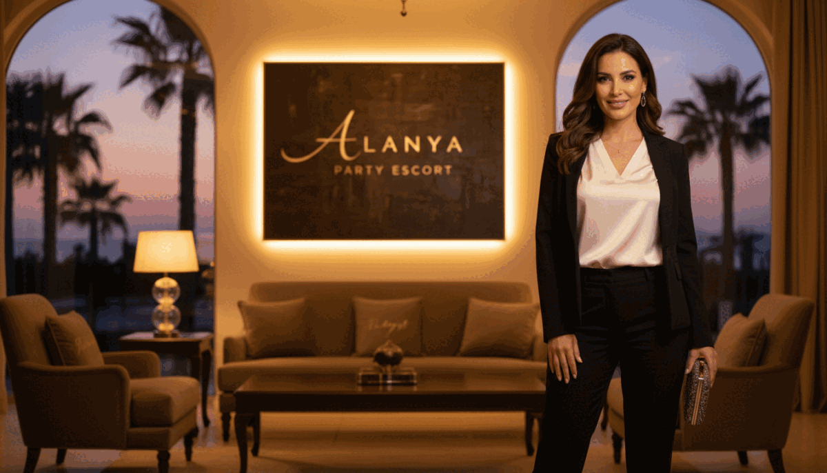 A stylish, upscale setting in Mahmutlar, featuring a professional escort service ambiance. In the foreground, a confident individual in elegant business attire stands poised, exuding professionalism and charm. The middle ground showcases a tastefully decorated lounge with plush seating, subtle lighting, and tasteful art, creating a welcoming atmosphere. Soft-focus background elements include silhouettes of palm trees under a twilight sky, suggesting a warm evening in Alanya. The lighting is soft and inviting, with warm tones that enhance the sophistication of the scene. Emphasize the brand "Alanya party escort" subtly integrated into the decor, maintaining a classy aesthetic. The overall mood is elegant, enticing, and professional, reflecting the high standards of the escort service. A stylish, upscale setting in Mahmutlar, featuring a professional escort service ambiance. In the foreground, a confident individual in elegant business attire stands poised, exuding professionalism and charm. The middle ground showcases a tastefully decorated lounge with plush seating, subtle lighting, and tasteful art, creating a welcoming atmosphere. Soft-focus background elements include silhouettes of palm trees under a twilight sky, suggesting a warm evening in Alanya. The lighting is soft and inviting, with warm tones that enhance the sophistication of the scene. Emphasize the brand "Alanya party escort" subtly integrated into the decor, maintaining a classy aesthetic. The overall mood is elegant, enticing, and professional, reflecting the high standards of the escort service.