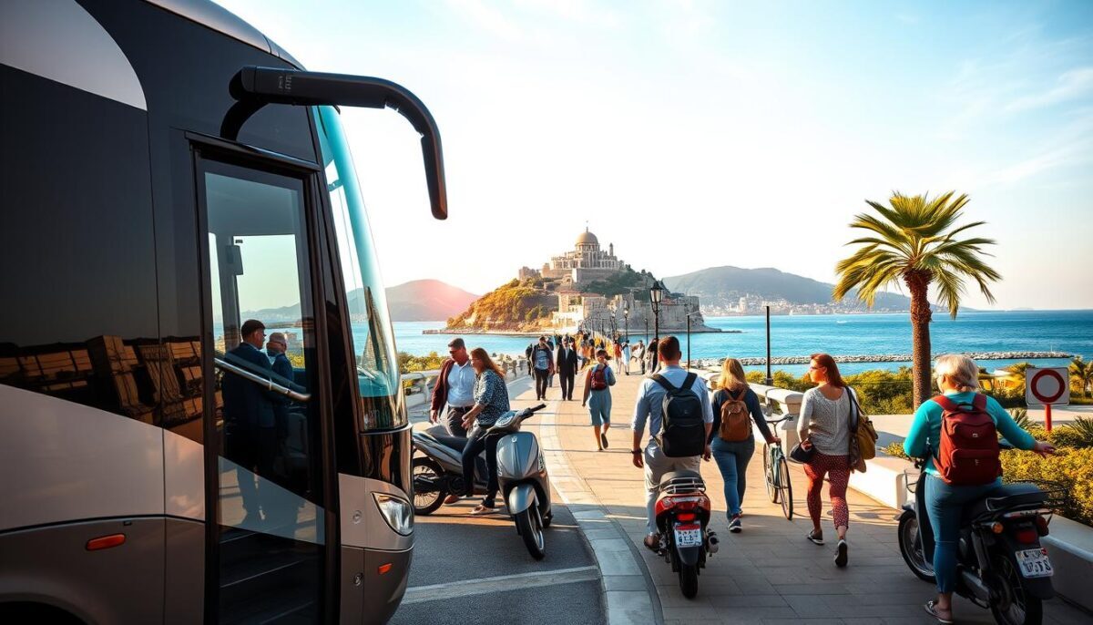 A vibrant and engaging image depicting transportation options in Alanya, showcasing a bustling street scene. In the foreground, a modern, stylish bus with a clear view of its features is parked, while a couple of scooters and bicycles line the side. The middle ground features a well-maintained pedestrian walkway with tourists walking, some with backpacks, exploring the area. In the background, the stunning Alanya coastline and famous castle silhouette under a bright blue sky highlight the locale. The lighting is warm, suggesting late afternoon, creating a welcoming atmosphere. Emphasize a professional aspect by featuring people in casual but neat attire, reflecting moments of travel and exploration. Include a subtle logo of "Alanya escort yaz tatili" on the bus for branding without distracting from the scene. A vibrant and engaging image depicting transportation options in Alanya, showcasing a bustling street scene. In the foreground, a modern, stylish bus with a clear view of its features is parked, while a couple of scooters and bicycles line the side. The middle ground features a well-maintained pedestrian walkway with tourists walking, some with backpacks, exploring the area. In the background, the stunning Alanya coastline and famous castle silhouette under a bright blue sky highlight the locale. The lighting is warm, suggesting late afternoon, creating a welcoming atmosphere. Emphasize a professional aspect by featuring people in casual but neat attire, reflecting moments of travel and exploration. Include a subtle logo of "Alanya escort yaz tatili" on the bus for branding without distracting from the scene.