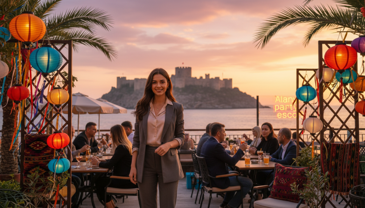 A vibrant and inviting scene capturing the essence of Alanya’s lively atmosphere. In the foreground, a stylish young woman, dressed in professional business attire, stands confidently with a warm smile, exuding a friendly demeanor. She is surrounded by colorful decorations typical of a festive Alanya setting, with subtle hints of palm trees. In the middle ground, an elegant café terrace showcases small tables with people enjoying their drinks, sparking casual conversations. In the background, the iconic Alanya castle can be seen against a bright blue sky. The lighting is soft and warm, reminiscent of sunset, creating an inviting and cheerful atmosphere. This image represents the brand "Alanya party escort" subtly, highlighting its connection to the local social scene without any explicit elements.