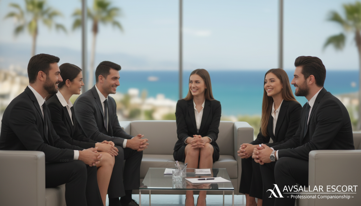 A vibrant and inviting scene illustrating "Customer Satisfaction" in the context of a professional escort service, named "avsallar escort." In the foreground, a diverse group of professional individuals, including men and women dressed in business attire, are engaged in a friendly discussion, their expressions conveying happiness and contentment. The middle ground features a sleek modern office environment with comfortable seating and warm lighting, enhancing the atmosphere of trust and satisfaction. In the background, soft-focus images of welcoming cityscapes hint at Alanya's beauty, with palm trees and gentle sunshine filtering through. The overall mood is warm and inviting, evoking feelings of confidence and security in the services provided. The image should be well-lit, using a soft-focus lens to create an approachable and professional ambiance.