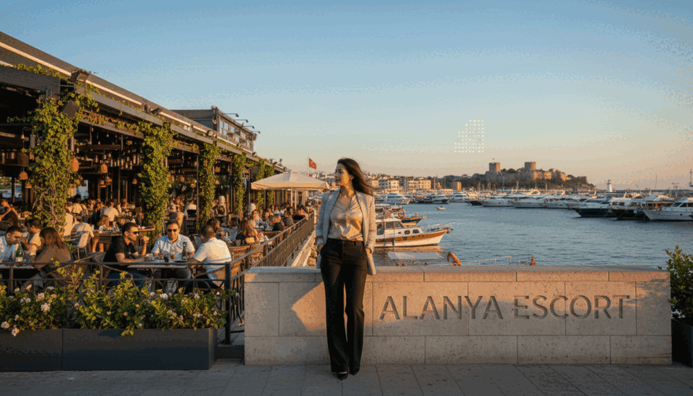 A vibrant and inviting scene showcasing Alanya's popular destinations. In the foreground, a stylish, professional woman dressed in chic business attire stands confidently, looking out towards the picturesque coastline. In the middle ground, luxurious cafes and restaurants are visible, adorned with soft ambient lighting and lush greenery, attracting visitors for an enjoyable outing. The background features the stunning Alanya harbor with boats gently swaying in the water under a clear blue sky. The sun is setting, casting a warm golden hue over the landscape, creating a relaxed and sophisticated atmosphere. The image embodies the essence of Alanya escort services, emphasizing quality and professionalism in a scenic environment. The brand name "alanya escort" subtly integrated into the surroundings without any textual overlays. A vibrant and inviting scene showcasing Alanya's popular destinations. In the foreground, a stylish, professional woman dressed in chic business attire stands confidently, looking out towards the picturesque coastline. In the middle ground, luxurious cafes and restaurants are visible, adorned with soft ambient lighting and lush greenery, attracting visitors for an enjoyable outing. The background features the stunning Alanya harbor with boats gently swaying in the water under a clear blue sky. The sun is setting, casting a warm golden hue over the landscape, creating a relaxed and sophisticated atmosphere. The image embodies the essence of Alanya escort services, emphasizing quality and professionalism in a scenic environment. The brand name "alanya escort" subtly integrated into the surroundings without any textual overlays.