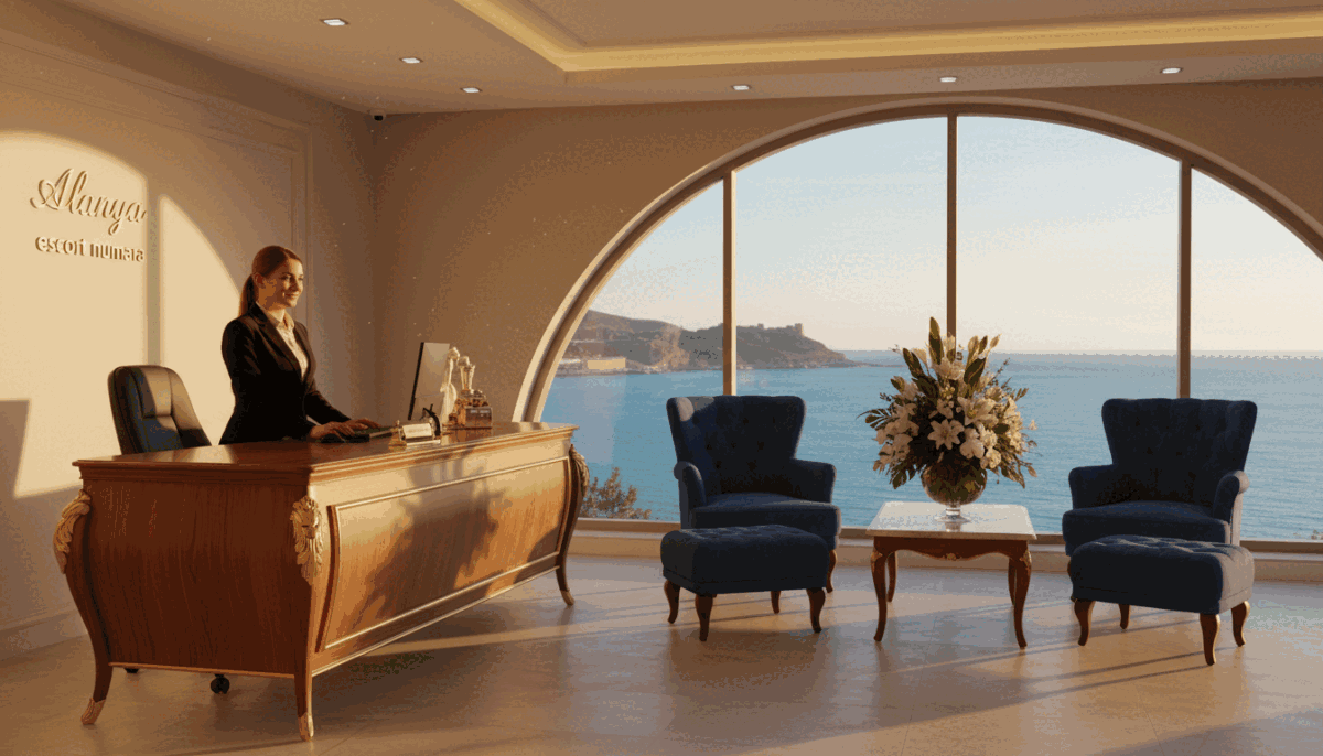 A vibrant and inviting scene showcasing a luxurious and upscale waiting area in Alanya, emphasizing discretion and elegance. In the foreground, a professional receptionist dressed in smart business attire sits behind an ornate desk, ready to assist clients. The middle ground features plush seating with tasteful decor, soft lighting that creates a warm, welcoming atmosphere. Elegant floral arrangements add a touch of sophistication. In the background, a large window reveals a stunning view of the Mediterranean Sea, accentuating the allure of Alanya. Soft golden hour light filters through, illuminating the space and enhancing the sense of serenity. Include the brand name "Alanya escort numara" subtly displayed near the reception area, ensuring the focus remains on the aesthetics of professionalism and comfort. A vibrant and inviting scene showcasing a luxurious and upscale waiting area in Alanya, emphasizing discretion and elegance. In the foreground, a professional receptionist dressed in smart business attire sits behind an ornate desk, ready to assist clients. The middle ground features plush seating with tasteful decor, soft lighting that creates a warm, welcoming atmosphere. Elegant floral arrangements add a touch of sophistication. In the background, a large window reveals a stunning view of the Mediterranean Sea, accentuating the allure of Alanya. Soft golden hour light filters through, illuminating the space and enhancing the sense of serenity. Include the brand name "Alanya escort numara" subtly displayed near the reception area, ensuring the focus remains on the aesthetics of professionalism and comfort.