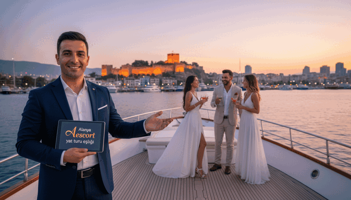A vibrant and inviting scene showcasing a luxurious yacht in Alanya, set against a stunning sunset backdrop that highlights the coastal beauty of the region. In the foreground, a professionally attired representative from "Alanya escort yat turu eşliği" stands confidently, holding a tablet and smiling, ready to assist clients. In the middle ground, elegantly dressed couples enjoy drinks on the yacht, portraying their positive experiences with the service in a relaxed and classy atmosphere. The background features the picturesque Alanya skyline, with its iconic castle and harbor illuminated by the warm glow of the setting sun. The lighting is soft and warm, creating an inviting and enjoyable mood, with a slight lens blur to focus on the representative, while capturing the vibrancy of the social interactions on the yacht. A vibrant and inviting scene showcasing a luxurious yacht in Alanya, set against a stunning sunset backdrop that highlights the coastal beauty of the region. In the foreground, a professionally attired representative from "Alanya escort yat turu eşliği" stands confidently, holding a tablet and smiling, ready to assist clients. In the middle ground, elegantly dressed couples enjoy drinks on the yacht, portraying their positive experiences with the service in a relaxed and classy atmosphere. The background features the picturesque Alanya skyline, with its iconic castle and harbor illuminated by the warm glow of the setting sun. The lighting is soft and warm, creating an inviting and enjoyable mood, with a slight lens blur to focus on the representative, while capturing the vibrancy of the social interactions on the yacht.