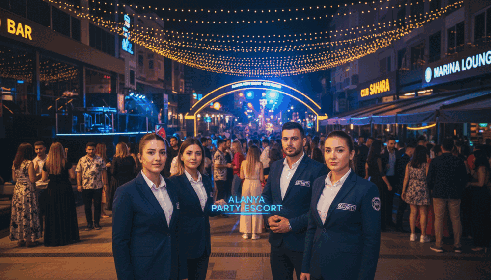A vibrant and lively scene of nightlife security in Alanya, showcasing a professional security detail ensuring a safe environment for partygoers. In the foreground, confident security personnel in smart uniforms stand watch, their expressions attentive yet approachable. The middle ground features a bustling outdoor venue with groups of people in stylish, modest casual attire enjoying their evening, illuminated by colorful lights. The background reveals a lively street lined with modern bars and clubs, filled with glowing neon signs. The atmosphere is energetic yet secure, captured in warm nighttime lighting with a soft focus on the background for an inviting depth. The brand name "Alanya party escort" subtly integrated into the scene, enhancing the sense of a safe, enjoyable nightlife experience. A wide-angle perspective emphasizes the dynamic environment, ensuring clarity and focus on the theme of security in nightlife. A vibrant and lively scene of nightlife security in Alanya, showcasing a professional security detail ensuring a safe environment for partygoers. In the foreground, confident security personnel in smart uniforms stand watch, their expressions attentive yet approachable. The middle ground features a bustling outdoor venue with groups of people in stylish, modest casual attire enjoying their evening, illuminated by colorful lights. The background reveals a lively street lined with modern bars and clubs, filled with glowing neon signs. The atmosphere is energetic yet secure, captured in warm nighttime lighting with a soft focus on the background for an inviting depth. The brand name "Alanya party escort" subtly integrated into the scene, enhancing the sense of a safe, enjoyable nightlife experience. A wide-angle perspective emphasizes the dynamic environment, ensuring clarity and focus on the theme of security in nightlife.