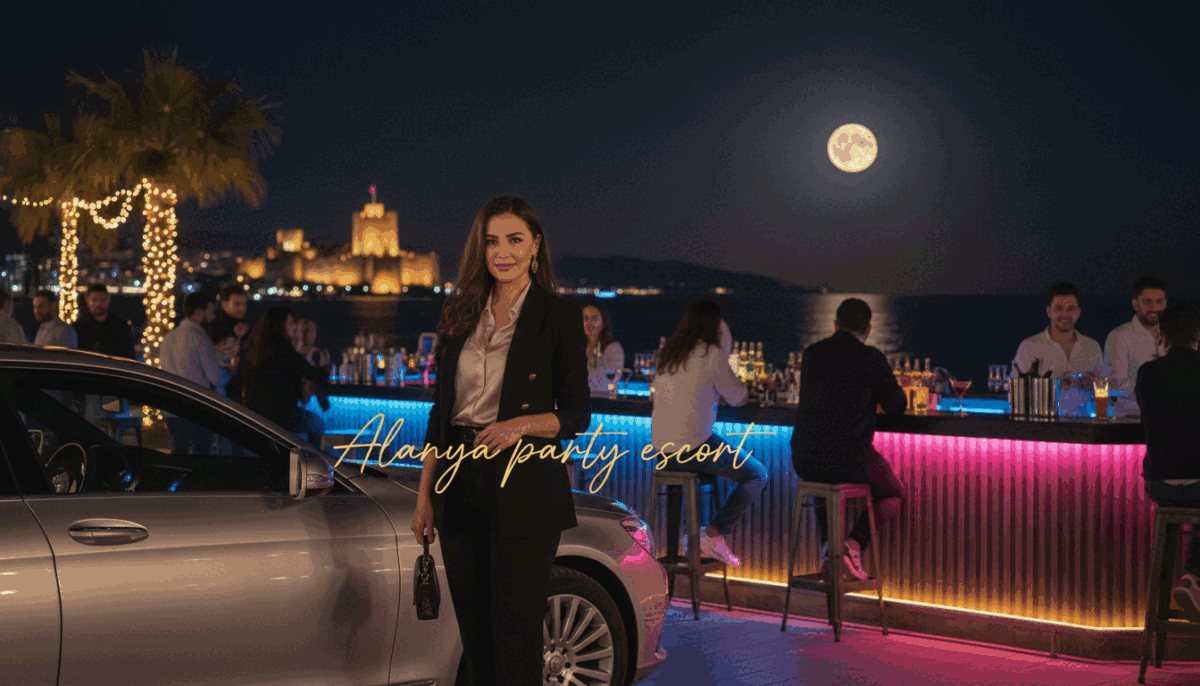 A vibrant and sophisticated scene capturing the nightlife in Alanya, featuring a stylish escort service. In the foreground, a well-dressed professional woman in elegant business attire exudes confidence, standing beside a luxurious car, ready to provide her services. The middle ground shows a lively bar setting with colorful lights and people enjoying themselves, creating an inviting atmosphere. In the background, the iconic Alanya coastline is illuminated by the moonlight, enhancing the enchanting vibe. The image is lit with soft, warm lights that cast a welcoming glow, evoking a sense of nightlife glamour. The perspective is slightly angled to give depth, focusing on the woman while subtly showcasing the vibrant backdrop of Alanya. Include the brand name "Alanya party escort" in an elegant, understated way that aligns with the overall aesthetic. A vibrant and sophisticated scene capturing the nightlife in Alanya, featuring a stylish escort service. In the foreground, a well-dressed professional woman in elegant business attire exudes confidence, standing beside a luxurious car, ready to provide her services. The middle ground shows a lively bar setting with colorful lights and people enjoying themselves, creating an inviting atmosphere. In the background, the iconic Alanya coastline is illuminated by the moonlight, enhancing the enchanting vibe. The image is lit with soft, warm lights that cast a welcoming glow, evoking a sense of nightlife glamour. The perspective is slightly angled to give depth, focusing on the woman while subtly showcasing the vibrant backdrop of Alanya. Include the brand name "Alanya party escort" in an elegant, understated way that aligns with the overall aesthetic.