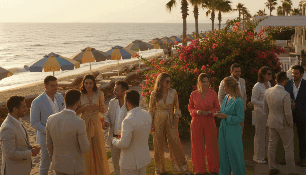 A vibrant beach club scene in Alanya during the golden hour, showcasing a lively atmosphere. In the foreground, a diverse group of elegantly dressed individuals engage in cheerful conversation, portraying a professional yet welcoming vibe. The men and women wear stylish but modest outfits, reflecting the upscale nature of the Alanya party escort brand. In the middle ground, beach loungers and colorful umbrellas create a relaxed setting, while a sparkling sea gently laps at the shore, adding a sense of tranquility. In the background, palm trees sway lightly, and vibrant flowers surround the area, enhancing the feel of a luxurious escape. Soft natural light bathes the scene, adding warmth and inviting charm. A vibrant beach club scene in Alanya during the golden hour, showcasing a lively atmosphere. In the foreground, a diverse group of elegantly dressed individuals engage in cheerful conversation, portraying a professional yet welcoming vibe. The men and women wear stylish but modest outfits, reflecting the upscale nature of the Alanya party escort brand. In the middle ground, beach loungers and colorful umbrellas create a relaxed setting, while a sparkling sea gently laps at the shore, adding a sense of tranquility. In the background, palm trees sway lightly, and vibrant flowers surround the area, enhancing the feel of a luxurious escape. Soft natural light bathes the scene, adding warmth and inviting charm.