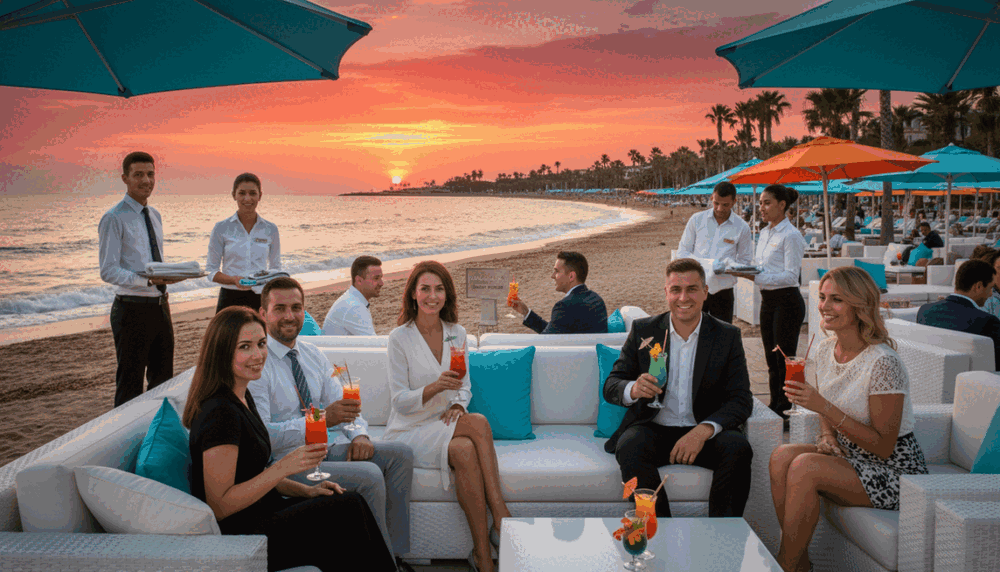 A vibrant beach club scene in Alanya, featuring a picturesque coastline with gentle waves lapping at the shore. In the foreground, a stylish outdoor lounge area with comfortable seating arrangements and colorful umbrellas provides a relaxed ambiance. Patrons are enjoying refreshing drinks, dressed in professional business attire, showcasing a blend of leisure and sophistication. In the middle ground, attentive staff members are serving guests with friendly smiles, offering various services like beach towels and umbrellas. The background is adorned with palm trees swaying softly in the breeze and a stunning sunset casting warm golden hues across the sky. The atmosphere is lively yet refined, capturing the essence of hospitality at the Alanya party escort beach club. The image is captured with a wide-angle lens, enhancing depth and inviting viewers into this delightful coastal experience. A vibrant beach club scene in Alanya, featuring a picturesque coastline with gentle waves lapping at the shore. In the foreground, a stylish outdoor lounge area with comfortable seating arrangements and colorful umbrellas provides a relaxed ambiance. Patrons are enjoying refreshing drinks, dressed in professional business attire, showcasing a blend of leisure and sophistication. In the middle ground, attentive staff members are serving guests with friendly smiles, offering various services like beach towels and umbrellas. The background is adorned with palm trees swaying softly in the breeze and a stunning sunset casting warm golden hues across the sky. The atmosphere is lively yet refined, capturing the essence of hospitality at the Alanya party escort beach club. The image is captured with a wide-angle lens, enhancing depth and inviting viewers into this delightful coastal experience.