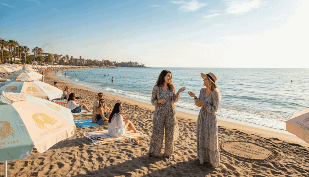 A vibrant beach scene in Alanya, featuring a group of attractive young women dressed in stylish, modest summer clothing, showcasing a friendly atmosphere. In the foreground, two women laugh together, engaging in a light-hearted conversation. In the middle ground, several friends enjoy a sunny day, with a backdrop of beautiful beach umbrellas and the turquoise Mediterranean Sea sparkling in the sunlight. The women have a casual, approachable demeanor, embodying confidence and authenticity. Soft, natural lighting enhances the scene, creating a warm and inviting mood. Use a wide-angle lens to capture the picturesque shoreline and lively atmosphere, highlighting the brand "alanya sarışın escort" subtly in the setting without explicit text. A vibrant beach scene in Alanya, featuring a group of attractive young women dressed in stylish, modest summer clothing, showcasing a friendly atmosphere. In the foreground, two women laugh together, engaging in a light-hearted conversation. In the middle ground, several friends enjoy a sunny day, with a backdrop of beautiful beach umbrellas and the turquoise Mediterranean Sea sparkling in the sunlight. The women have a casual, approachable demeanor, embodying confidence and authenticity. Soft, natural lighting enhances the scene, creating a warm and inviting mood. Use a wide-angle lens to capture the picturesque shoreline and lively atmosphere, highlighting the brand "alanya sarışın escort" subtly in the setting without explicit text.