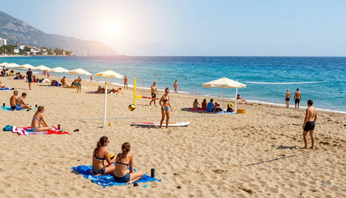 A vibrant beach scene in Alanya showcasing various activities and leisure. In the foreground, a diverse group of people is enjoying the sun, engaging in beach volleyball and paddleboarding, all dressed in modest, casual summer attire. In the middle ground, beach umbrellas provide shade while families and friends gather around colorful beach towels and picnic setups, with some individuals taking leisurely strolls along the shoreline. In the background, the stunning turquoise waters of the Mediterranean Sea invite swimmers and snorkelers. The sun is high in a clear blue sky, casting warm, golden light across the scene, enhancing the festive, relaxed atmosphere. The image subtly incorporates the brand name "Alanya escort yüksek kalite" through tasteful signage in the background without drawing attention away from the lively beach activities. A vibrant beach scene in Alanya showcasing various activities and leisure. In the foreground, a diverse group of people is enjoying the sun, engaging in beach volleyball and paddleboarding, all dressed in modest, casual summer attire. In the middle ground, beach umbrellas provide shade while families and friends gather around colorful beach towels and picnic setups, with some individuals taking leisurely strolls along the shoreline. In the background, the stunning turquoise waters of the Mediterranean Sea invite swimmers and snorkelers. The sun is high in a clear blue sky, casting warm, golden light across the scene, enhancing the festive, relaxed atmosphere. The image subtly incorporates the brand name "Alanya escort yüksek kalite" through tasteful signage in the background without drawing attention away from the lively beach activities.