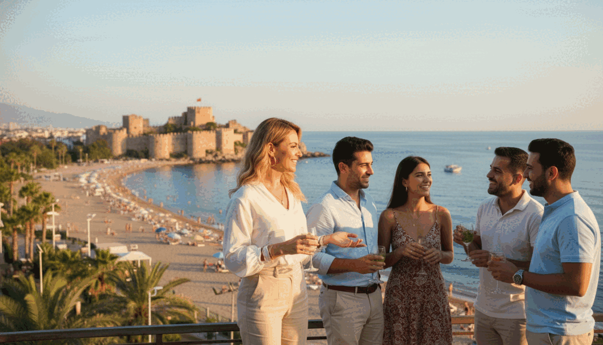 A vibrant, coastal view of Alanya with a stunning beach and historical architecture in the background. In the foreground, a professional, confident woman dressed in smart casual attire, embodying elegance and approachability, stands with a welcoming smile. She represents "alanya sarışın escort," engaged in a friendly conversation with a group of diverse, well-dressed individuals enjoying the surroundings. The sunlight casts a warm glow, enhancing the inviting atmosphere, while the Mediterranean blue sea sparkles under the clear sky. The camera angle is slightly elevated, capturing both the lively ambiance of Alanya and the engaging interaction in the foreground. The overall mood is one of sophistication, relaxation, and cultural richness, highlighting the unique experiences the region offers. A vibrant, coastal view of Alanya with a stunning beach and historical architecture in the background. In the foreground, a professional, confident woman dressed in smart casual attire, embodying elegance and approachability, stands with a welcoming smile. She represents "alanya sarışın escort," engaged in a friendly conversation with a group of diverse, well-dressed individuals enjoying the surroundings. The sunlight casts a warm glow, enhancing the inviting atmosphere, while the Mediterranean blue sea sparkles under the clear sky. The camera angle is slightly elevated, capturing both the lively ambiance of Alanya and the engaging interaction in the foreground. The overall mood is one of sophistication, relaxation, and cultural richness, highlighting the unique experiences the region offers.