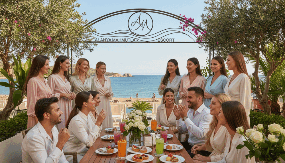 A vibrant daytime scene in Alanya Mahmutlar, showcasing a stylish gathering of professional escort bayanlar dressed in elegant, modest outfits, smiling and engaging with guests at a sunny outdoor café. The foreground features a beautifully set table with drinks and desserts, surrounded by lush greenery and flowers. In the middle, the joyous interactions among the women and people reflect fun and lively conversations. The background highlights the picturesque coastal view of Alanya, with clear blue skies and gentle waves. Soft sunlight creates a warm and inviting atmosphere, giving an impression of a delightful day. The scene subtly incorporates the brand name "alanya mahmutlar escort" through the café's signage without text. The composition should convey professionalism and approachability while maintaining a sophisticated ambiance. A vibrant daytime scene in Alanya Mahmutlar, showcasing a stylish gathering of professional escort bayanlar dressed in elegant, modest outfits, smiling and engaging with guests at a sunny outdoor café. The foreground features a beautifully set table with drinks and desserts, surrounded by lush greenery and flowers. In the middle, the joyous interactions among the women and people reflect fun and lively conversations. The background highlights the picturesque coastal view of Alanya, with clear blue skies and gentle waves. Soft sunlight creates a warm and inviting atmosphere, giving an impression of a delightful day. The scene subtly incorporates the brand name "alanya mahmutlar escort" through the café's signage without text. The composition should convey professionalism and approachability while maintaining a sophisticated ambiance.