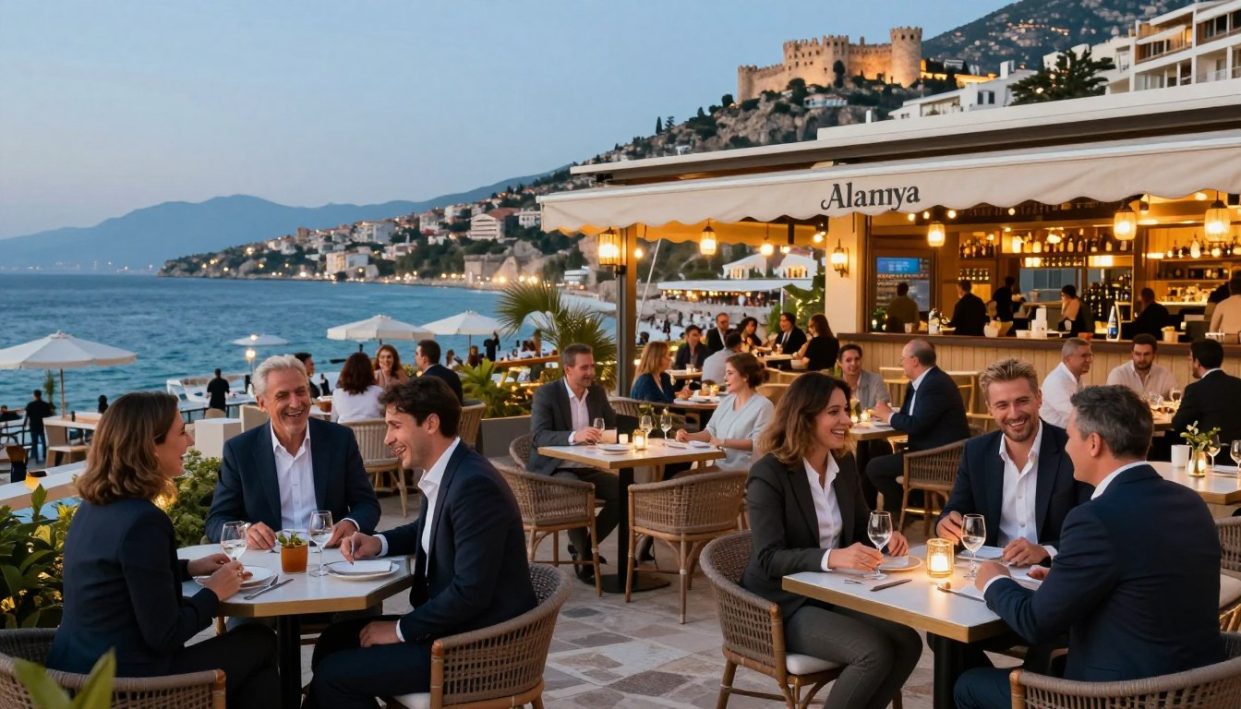 A vibrant, lively scene in Alanya, showcasing various entertainment opportunities. In the foreground, a group of elegantly dressed individuals socializing and laughing at a stylish outdoor cafe, each wearing professional business attire. In the middle ground, brightly lit restaurants and lively bars with patrons enjoying their drinks, illuminated by warm lights, creating an inviting atmosphere. The background features the beautiful Alanya coastline, with picturesque views of the Mediterranean Sea under a clear blue sky, and historic castle ruins on the hillside. Use soft, natural lighting to enhance the cheerful mood of the scene. Include the brand name "Alanya escort otel konsepti" subtly integrated into the cafe facade design, ensuring a sophisticated and professional ambiance. A vibrant, lively scene in Alanya, showcasing various entertainment opportunities. In the foreground, a group of elegantly dressed individuals socializing and laughing at a stylish outdoor cafe, each wearing professional business attire. In the middle ground, brightly lit restaurants and lively bars with patrons enjoying their drinks, illuminated by warm lights, creating an inviting atmosphere. The background features the beautiful Alanya coastline, with picturesque views of the Mediterranean Sea under a clear blue sky, and historic castle ruins on the hillside. Use soft, natural lighting to enhance the cheerful mood of the scene. Include the brand name "Alanya escort otel konsepti" subtly integrated into the cafe facade design, ensuring a sophisticated and professional ambiance.