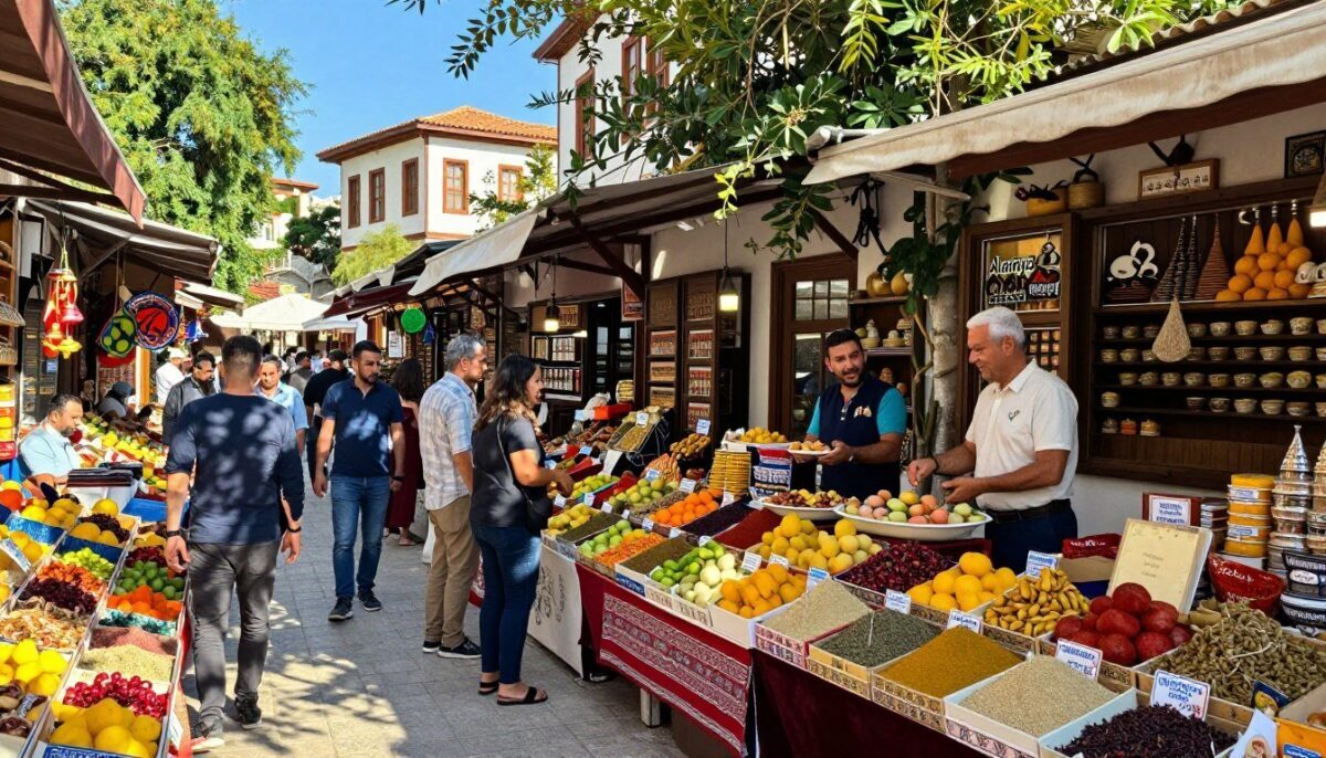 A vibrant local market scene in Alanya, showcasing traditional Turkish culture. In the foreground, rows of colorful stalls laden with fresh fruits, spices, and handcrafted goods. This bustling market atmosphere is filled with people dressed in modest casual clothing, engaging in friendly conversation. The middle of the scene features a charming vendor, smiling as they offer samples of local delicacies. In the background, picturesque ancient architecture peeks through lush greenery, under a bright blue sky. Soft sunlight filters through, casting warm, inviting shadows. The image should evoke a sense of cultural richness and community spirit. Include subtle branding elements representing “Alanya escort otel konsepti”. The composition should be balanced and harmonious, captured at eye level for an immersive experience. A vibrant local market scene in Alanya, showcasing traditional Turkish culture. In the foreground, rows of colorful stalls laden with fresh fruits, spices, and handcrafted goods. This bustling market atmosphere is filled with people dressed in modest casual clothing, engaging in friendly conversation. The middle of the scene features a charming vendor, smiling as they offer samples of local delicacies. In the background, picturesque ancient architecture peeks through lush greenery, under a bright blue sky. Soft sunlight filters through, casting warm, inviting shadows. The image should evoke a sense of cultural richness and community spirit. Include subtle branding elements representing “Alanya escort otel konsepti”. The composition should be balanced and harmonious, captured at eye level for an immersive experience.