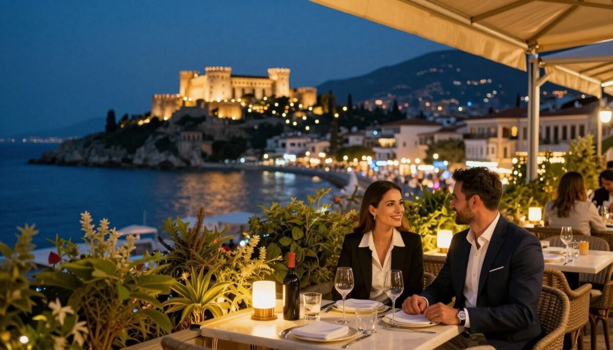 A vibrant night scene in Alanya showcasing an elegant evening tour atmosphere. In the foreground, a stylish, well-dressed couple in professional attire smiles as they enjoy the night. They are seated at an outdoor cafe with beautiful lighting, surrounded by lush greenery. In the middle ground, a scenic view of Alanya's famous castle illuminated at night, with twinkling lights reflecting on the Mediterranean Sea. The background features softly lit historical buildings and vibrant nightlife, creating a lively ambiance. The scene captures a sense of luxury and excitement, ideal for an unforgettable night. The lighting is warm and inviting, reminiscent of golden hour, with a slight bokeh effect for a dreamy touch. Incorporate the brand name "Alanya escort otel konsepti" subtly in the design, ensuring it harmonizes with the overall aesthetic.