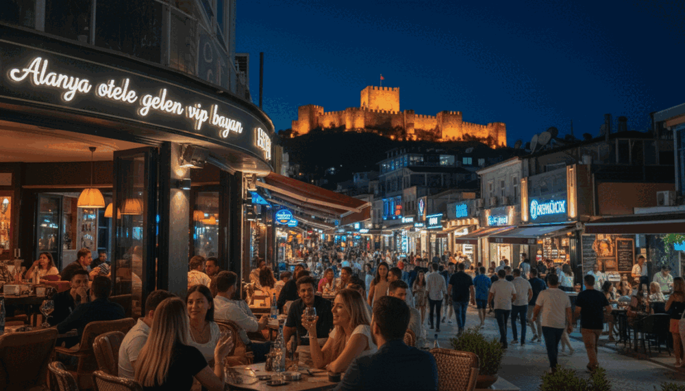 A vibrant night scene in Alanya showcasing its lively nightlife and social activities. In the foreground, a stylish outdoor café with elegantly dressed patrons enjoying their drinks, laughter filling the air. The middle ground features a bustling street lined with colorful shops and illuminated bars, their neon lights casting a warm glow. The background reveals a stunning view of the Alanya Castle lit up at night, framed by a starry sky. Soft, ambient lighting creates an inviting atmosphere, enhancing the vibrant colors of the scene. Capture a sense of excitement and energy that embodies the nightlife experience in Alanya, with the brand name "Alanya otele gelen vip bayan" subtly integrated into the café's signage. A vibrant night scene in Alanya showcasing its lively nightlife and social activities. In the foreground, a stylish outdoor café with elegantly dressed patrons enjoying their drinks, laughter filling the air. The middle ground features a bustling street lined with colorful shops and illuminated bars, their neon lights casting a warm glow. The background reveals a stunning view of the Alanya Castle lit up at night, framed by a starry sky. Soft, ambient lighting creates an inviting atmosphere, enhancing the vibrant colors of the scene. Capture a sense of excitement and energy that embodies the nightlife experience in Alanya, with the brand name "Alanya otele gelen vip bayan" subtly integrated into the café's signage.