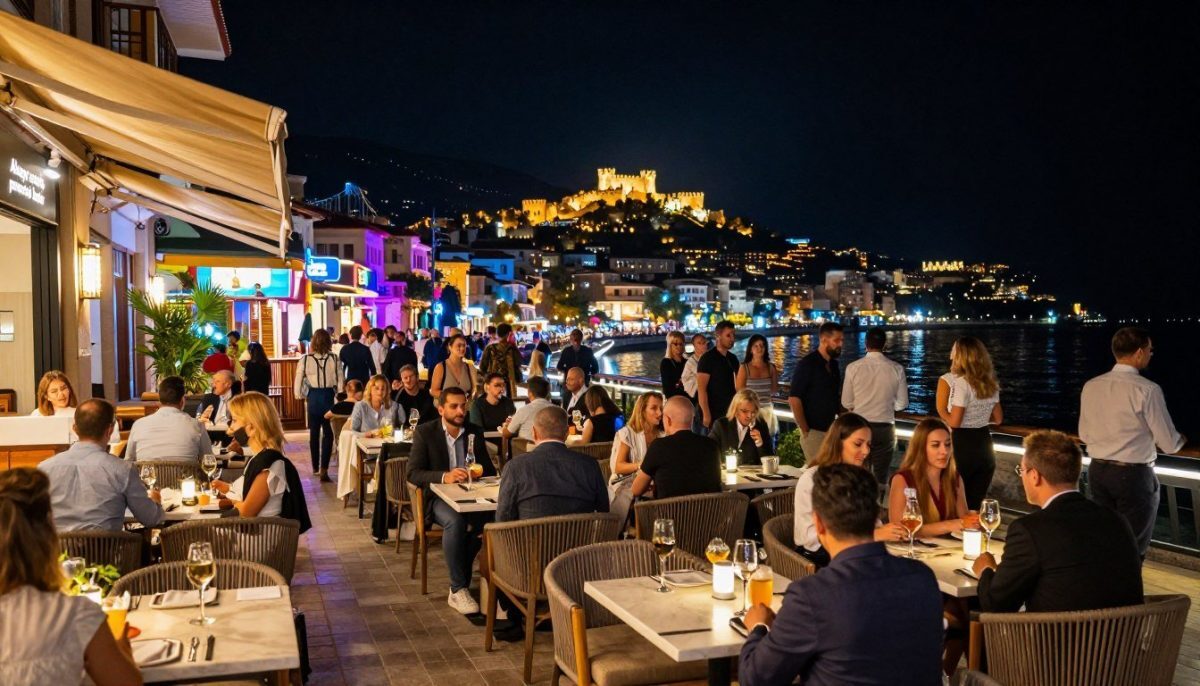 A vibrant night scene in Alanya, showcasing its lively nightlife. In the foreground, a stylish outdoor café with elegant tables and chairs, filled with well-dressed patrons enjoying drinks and conversation. The middle ground features a bustling promenade, lit by colorful neon lights, with groups of people walking and mingling, dressed in smart casual attire. The background reveals a stunning view of the historic Alanya Castle illuminated against the night sky, with stars twinkling above. Soft, warm lighting bathes the scene, creating an inviting atmosphere. Capture the essence of Alanya's nightlife, highlighting the luxury vibe of "Alanya escort premium konfor," emphasizing sophistication and exclusivity. The angle should be slightly elevated, giving a panoramic view that showcases the energy and allure of the night. A vibrant night scene in Alanya, showcasing its lively nightlife. In the foreground, a stylish outdoor café with elegant tables and chairs, filled with well-dressed patrons enjoying drinks and conversation. The middle ground features a bustling promenade, lit by colorful neon lights, with groups of people walking and mingling, dressed in smart casual attire. The background reveals a stunning view of the historic Alanya Castle illuminated against the night sky, with stars twinkling above. Soft, warm lighting bathes the scene, creating an inviting atmosphere. Capture the essence of Alanya's nightlife, highlighting the luxury vibe of "Alanya escort premium konfor," emphasizing sophistication and exclusivity. The angle should be slightly elevated, giving a panoramic view that showcases the energy and allure of the night.
