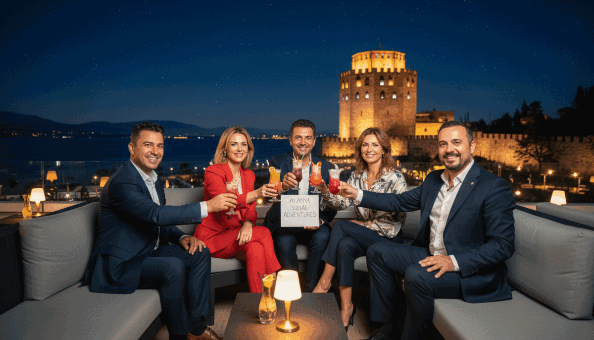 A vibrant night scene in Alanya, showcasing lively nightlife and stylish venues. In the foreground, a chic outdoor lounge with elegant tables and chairs, adorned with ambient lighting and colorful cocktails. The middle features a group of well-dressed individuals enjoying their evening, dressed in professional business attire, laughing and engaging in conversation, all conveying a sense of friendly sophistication. The background reveals iconic Alanya landmarks illuminated by soft, warm lights, with a beautiful starlit sky above. The atmosphere is lively yet relaxed, filled with a sense of adventure and joy. Lens focus is sharp on the foreground, softly blurring the background, creating depth. Emphasize the luxurious and fun experience of "alanya escort."