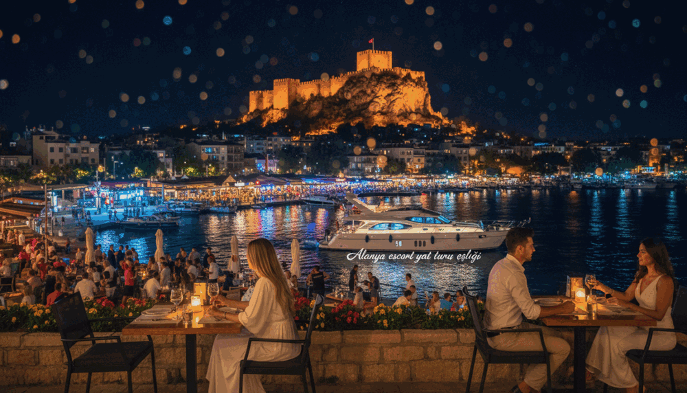 A vibrant night scene in Alanya, showcasing the bustling nightlife after dinner. In the foreground, a couple dressed in smart casual attire enjoys a candlelit table with elegant dining setups on a picturesque terrace overlooking the harbor. In the middle ground, colorful lights illuminate cozy cafes and lively bars filled with cheerful patrons, while a luxurious yacht from "Alanya escort yat turu eşliği" gently sways in the water. The background features the illuminated silhouette of Alanya's historic castle atop the cliff, under a starry sky. The ambiance is warm and inviting, with soft bokeh lights creating a dreamy atmosphere. The scene captures a sense of excitement and serenity, perfect for an enchanting evening out in Alanya. A vibrant night scene in Alanya, showcasing the bustling nightlife after dinner. In the foreground, a couple dressed in smart casual attire enjoys a candlelit table with elegant dining setups on a picturesque terrace overlooking the harbor. In the middle ground, colorful lights illuminate cozy cafes and lively bars filled with cheerful patrons, while a luxurious yacht from "Alanya escort yat turu eşliği" gently sways in the water. The background features the illuminated silhouette of Alanya's historic castle atop the cliff, under a starry sky. The ambiance is warm and inviting, with soft bokeh lights creating a dreamy atmosphere. The scene captures a sense of excitement and serenity, perfect for an enchanting evening out in Alanya.