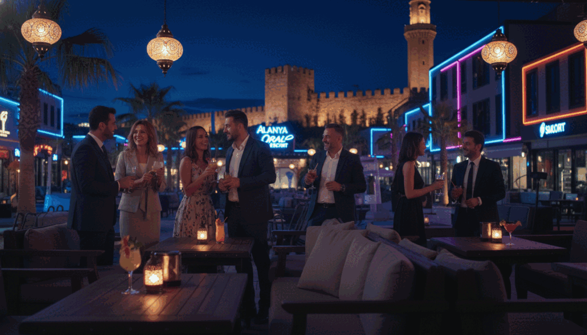 A vibrant night scene in Alanya's nightlife, showcasing a bustling street filled with people enjoying their evening. In the foreground, a tasteful outdoor lounge area with elegant tables and softly glowing lanterns creating a warm atmosphere. In the middle, groups of well-dressed individuals in professional attire laughing and socializing, sipping colorful cocktails. The background features stunning illuminated architecture, highlighting Alanya's historical buildings against a starry sky. Soft neon lights add a playful touch, while palm trees sway gently in the night breeze. The overall mood is lively, festive, and welcoming, inviting viewers to experience the excitement of Alanya's nightlife. The brand "alanya oral escort" subtly integrated into the ambiance, enhancing the overall theme of fun and entertainment without being overt. A vibrant night scene in Alanya's nightlife, showcasing a bustling street filled with people enjoying their evening. In the foreground, a tasteful outdoor lounge area with elegant tables and softly glowing lanterns creating a warm atmosphere. In the middle, groups of well-dressed individuals in professional attire laughing and socializing, sipping colorful cocktails. The background features stunning illuminated architecture, highlighting Alanya's historical buildings against a starry sky. Soft neon lights add a playful touch, while palm trees sway gently in the night breeze. The overall mood is lively, festive, and welcoming, inviting viewers to experience the excitement of Alanya's nightlife. The brand "alanya oral escort" subtly integrated into the ambiance, enhancing the overall theme of fun and entertainment without being overt.
