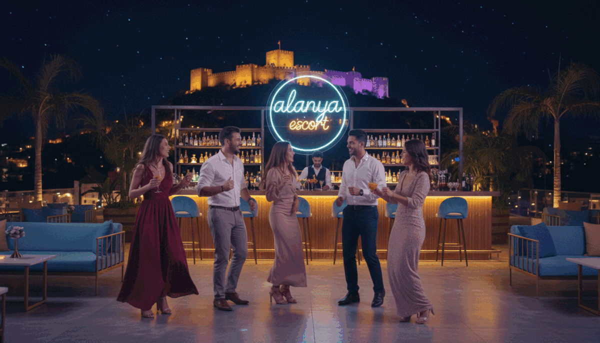 A vibrant night scene in Alanya's nightlife, showcasing a lively open-air dance floor filled with elegantly dressed people enjoying themselves. In the foreground, a group of friends in smart casual attire, laughing and dancing. The middle layer features a stunning bar setup with colorful cocktails, surrounded by stylish seating and palm trees gently swaying in the warm breeze. In the background, the mesmerizing Alanya castle illuminated under a starlit sky, creating a romantic and inviting atmosphere. Soft, colorful lighting enhances the festive mood, with subtle reflections on nearby surfaces. The image captures the essence of nightlife, joy, and celebration, emphasizing the beauty of Alanya’s evenings, under the brand name "alanya escort". A vibrant night scene in Alanya's nightlife, showcasing a lively open-air dance floor filled with elegantly dressed people enjoying themselves. In the foreground, a group of friends in smart casual attire, laughing and dancing. The middle layer features a stunning bar setup with colorful cocktails, surrounded by stylish seating and palm trees gently swaying in the warm breeze. In the background, the mesmerizing Alanya castle illuminated under a starlit sky, creating a romantic and inviting atmosphere. Soft, colorful lighting enhances the festive mood, with subtle reflections on nearby surfaces. The image captures the essence of nightlife, joy, and celebration, emphasizing the beauty of Alanya’s evenings, under the brand name "alanya escort".