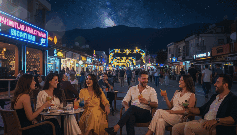 A vibrant night scene in Mahmutlar, capturing the lively nightlife atmosphere. In the foreground, a group of diverse, well-dressed individuals enjoying an outdoor café, engaging in conversation and laughter. They are dressed in smart casual attire, enjoying drinks and sharing joyful moments. The middle ground features a bustling street lined with colorful lights from nearby shops and bars, creating a warm and inviting ambience. In the background, the silhouette of the Alanya mountains under a starry sky adds depth to the scene. Soft, ambient lighting illuminates the street, creating a cozy yet vibrant mood, with a slight lens flare for a dreamy effect. Include a subtle reference to "mahmutlar analcı yapan escort" in the shop signage for local flavor.