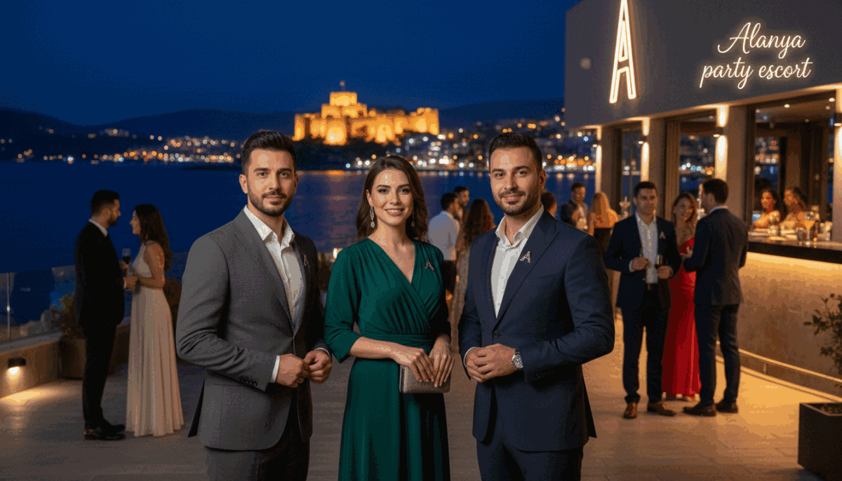 A vibrant nightlife scene in Alanya, featuring a stylish and elegant group of professional escorts, standing confidently outside a chic bar. The foreground includes three individuals dressed in smart business attire, exuding sophistication and professionalism, with warm, inviting smiles. In the middle, the ambiance is filled with soft, ambient lighting from the bar, enhancing the lively atmosphere, while patrons can be seen enjoying their night. The background showcases the beautiful coastal city of Alanya, with its iconic castle illuminated against the night sky, reflecting the vibrant spirit of the city. The composition is shot at eye level, capturing the energetic vibe of a bustling nightlife, balanced with a sense of allure and respectability. The image should evoke feelings of excitement and welcoming sophistication, symbolizing "Alanya party escort". A vibrant nightlife scene in Alanya, featuring a stylish and elegant group of professional escorts, standing confidently outside a chic bar. The foreground includes three individuals dressed in smart business attire, exuding sophistication and professionalism, with warm, inviting smiles. In the middle, the ambiance is filled with soft, ambient lighting from the bar, enhancing the lively atmosphere, while patrons can be seen enjoying their night. The background showcases the beautiful coastal city of Alanya, with its iconic castle illuminated against the night sky, reflecting the vibrant spirit of the city. The composition is shot at eye level, capturing the energetic vibe of a bustling nightlife, balanced with a sense of allure and respectability. The image should evoke feelings of excitement and welcoming sophistication, symbolizing "Alanya party escort".
