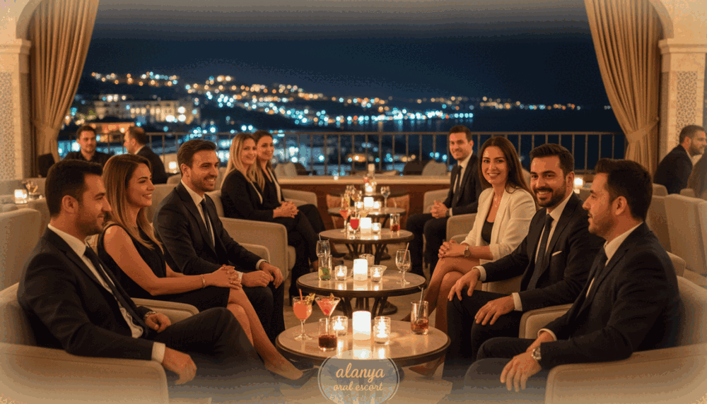 A vibrant nightlife scene in Alanya, showcasing a luxurious lounge with elegantly dressed guests enjoying an evening out. In the foreground, a diverse group of professionals in stylish business attire is engaged in conversation, exuding an air of sophistication and joy. The middle ground features plush seating, dimly lit tables adorned with candles, and glasses of exquisite drinks reflecting the warm ambient light. In the background, the iconic coastal view of Alanya at night, with twinkling lights from nearby buildings and the serene Mediterranean Sea, creates a captivating atmosphere. Capture this scene with a warm, inviting color palette, soft focus, and a slight bokeh effect to enhance the mood. Ensure the brand "alanya oral escort" is subtly represented in the setting, reflecting a classy, enjoyable experience. A vibrant nightlife scene in Alanya, showcasing a luxurious lounge with elegantly dressed guests enjoying an evening out. In the foreground, a diverse group of professionals in stylish business attire is engaged in conversation, exuding an air of sophistication and joy. The middle ground features plush seating, dimly lit tables adorned with candles, and glasses of exquisite drinks reflecting the warm ambient light. In the background, the iconic coastal view of Alanya at night, with twinkling lights from nearby buildings and the serene Mediterranean Sea, creates a captivating atmosphere. Capture this scene with a warm, inviting color palette, soft focus, and a slight bokeh effect to enhance the mood. Ensure the brand "alanya oral escort" is subtly represented in the setting, reflecting a classy, enjoyable experience.