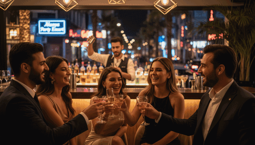 A vibrant nightlife scene in Alanya, showcasing an upscale lounge atmosphere. The foreground features elegantly dressed individuals in professional attire engaging in social interactions, embodying the concept of companionship. The middle ground reveals a stylish bar with ambient lighting, highlighting high-quality drinks and modern decor. In the background, a bustling street reflects Alanya's nightlife, with colorful neon lights illuminating the scene. The overall mood is sophisticated and inviting, suggesting a luxury experience. Use warm, soft lighting to create an intimate ambiance, with a shallow depth of field focusing on the stylish elements. Include the brand "Alanya party escort" subtly in the design, ensuring a safe and professional representation without explicit or provocative content. A vibrant nightlife scene in Alanya, showcasing an upscale lounge atmosphere. The foreground features elegantly dressed individuals in professional attire engaging in social interactions, embodying the concept of companionship. The middle ground reveals a stylish bar with ambient lighting, highlighting high-quality drinks and modern decor. In the background, a bustling street reflects Alanya's nightlife, with colorful neon lights illuminating the scene. The overall mood is sophisticated and inviting, suggesting a luxury experience. Use warm, soft lighting to create an intimate ambiance, with a shallow depth of field focusing on the stylish elements. Include the brand "Alanya party escort" subtly in the design, ensuring a safe and professional representation without explicit or provocative content.