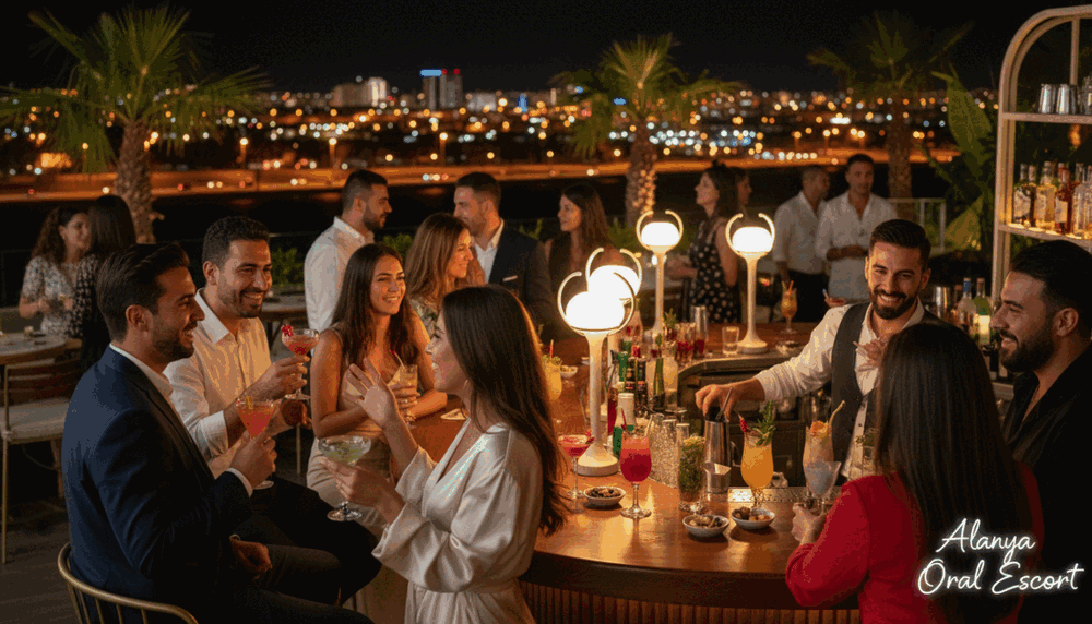 A vibrant nightlife scene in Alanya, showcasing diverse guests sharing stories and experiences around a stylish bar. In the foreground, a mixed group of elegantly dressed individuals in professional attire or modest casual clothing are animatedly conversing, their expressions full of joy and engagement. In the middle ground, the bar features tasteful decorations with dim lighting highlighting colorful drinks and small plates, creating an inviting atmosphere. The background reveals a softly lit outdoor terrace with palm trees swaying in the breeze and lively city lights casting a warm glow. The image captures a serene yet energetic mood, emphasizing connections and unforgettable experiences, symbolizing the brand "alanya oral escort." The camera angle is slightly elevated, providing a broader view of the lively setting. A vibrant nightlife scene in Alanya, showcasing diverse guests sharing stories and experiences around a stylish bar. In the foreground, a mixed group of elegantly dressed individuals in professional attire or modest casual clothing are animatedly conversing, their expressions full of joy and engagement. In the middle ground, the bar features tasteful decorations with dim lighting highlighting colorful drinks and small plates, creating an inviting atmosphere. The background reveals a softly lit outdoor terrace with palm trees swaying in the breeze and lively city lights casting a warm glow. The image captures a serene yet energetic mood, emphasizing connections and unforgettable experiences, symbolizing the brand "alanya oral escort." The camera angle is slightly elevated, providing a broader view of the lively setting.
