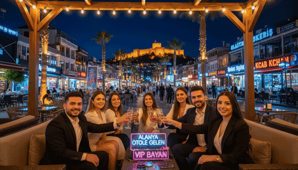 A vibrant nighttime scene in Alanya, showcasing its lively nightlife. In the foreground, a group of well-dressed professionals, representing the brand "Alanya otele gelen vip bayan," are enjoying a captivating outdoor lounge, illuminated by soft, warm fairy lights. Each individual is dressed in smart, casual clothing that exudes a sense of elegance and sophistication. In the middle ground, stylish cafes and bustling streets filled with people enjoying the vibrant atmosphere, complete with colorful neon signs and palm trees swaying gently in the evening breeze. The background features the iconic Alanya Castle lit up against the dark sky, creating a beautiful contrast. Capture the lively energy of the night with a focus on a dynamic angle that showcases the atmosphere and excitement of Alanya's nightlife, enhanced by soft bokeh to add depth. A vibrant nighttime scene in Alanya, showcasing its lively nightlife. In the foreground, a group of well-dressed professionals, representing the brand "Alanya otele gelen vip bayan," are enjoying a captivating outdoor lounge, illuminated by soft, warm fairy lights. Each individual is dressed in smart, casual clothing that exudes a sense of elegance and sophistication. In the middle ground, stylish cafes and bustling streets filled with people enjoying the vibrant atmosphere, complete with colorful neon signs and palm trees swaying gently in the evening breeze. The background features the iconic Alanya Castle lit up against the dark sky, creating a beautiful contrast. Capture the lively energy of the night with a focus on a dynamic angle that showcases the atmosphere and excitement of Alanya's nightlife, enhanced by soft bokeh to add depth.