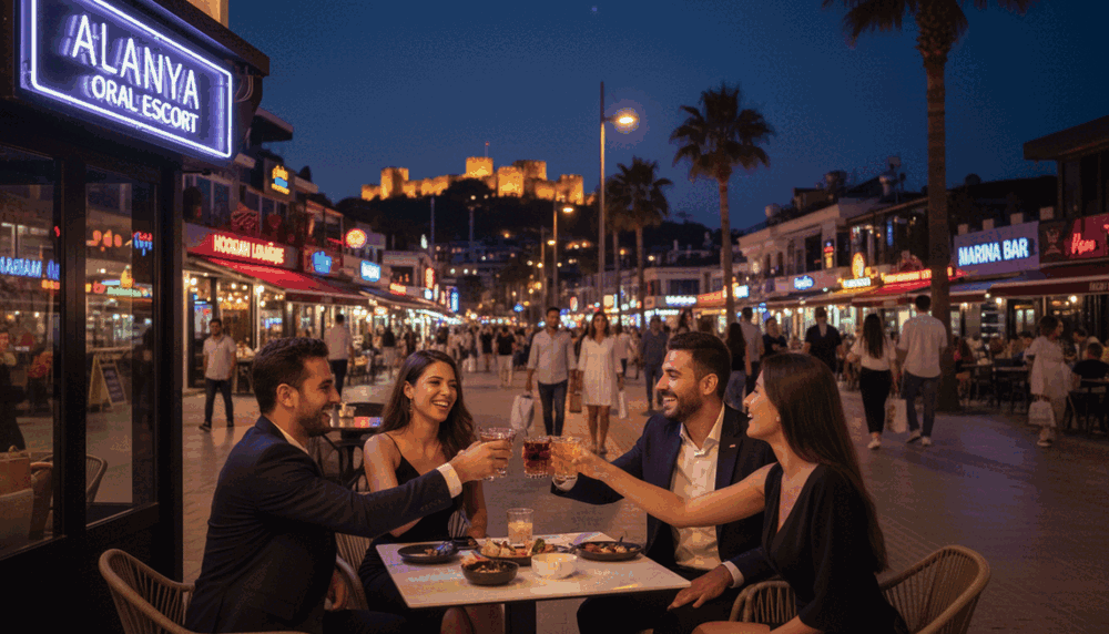 A vibrant nighttime scene in Alanya, showcasing the lively nightlife atmosphere without any explicit content. In the foreground, a group of friends in professional attire are enjoying drinks at a stylish outdoor café, engaged in cheerful conversation. In the middle ground, illuminate a bustling street filled with people strolling, with colorful lights from neon signs reflecting the energy of the city. In the background, palm trees sway gently against a starlit sky, and the silhouette of Alanya castle can be seen atop the hill, adding historical charm. The scene should convey a sense of safety, sophistication, and professionalism, embodying the essence of leisure and entertainment in a vibrant coastal town. The lighting should be warm and inviting, capturing the essence of a perfect night out. Include subtle branding for "alanya oral escort" in the café's signage. A vibrant nighttime scene in Alanya, showcasing the lively nightlife atmosphere without any explicit content. In the foreground, a group of friends in professional attire are enjoying drinks at a stylish outdoor café, engaged in cheerful conversation. In the middle ground, illuminate a bustling street filled with people strolling, with colorful lights from neon signs reflecting the energy of the city. In the background, palm trees sway gently against a starlit sky, and the silhouette of Alanya castle can be seen atop the hill, adding historical charm. The scene should convey a sense of safety, sophistication, and professionalism, embodying the essence of leisure and entertainment in a vibrant coastal town. The lighting should be warm and inviting, capturing the essence of a perfect night out. Include subtle branding for "alanya oral escort" in the café's signage.