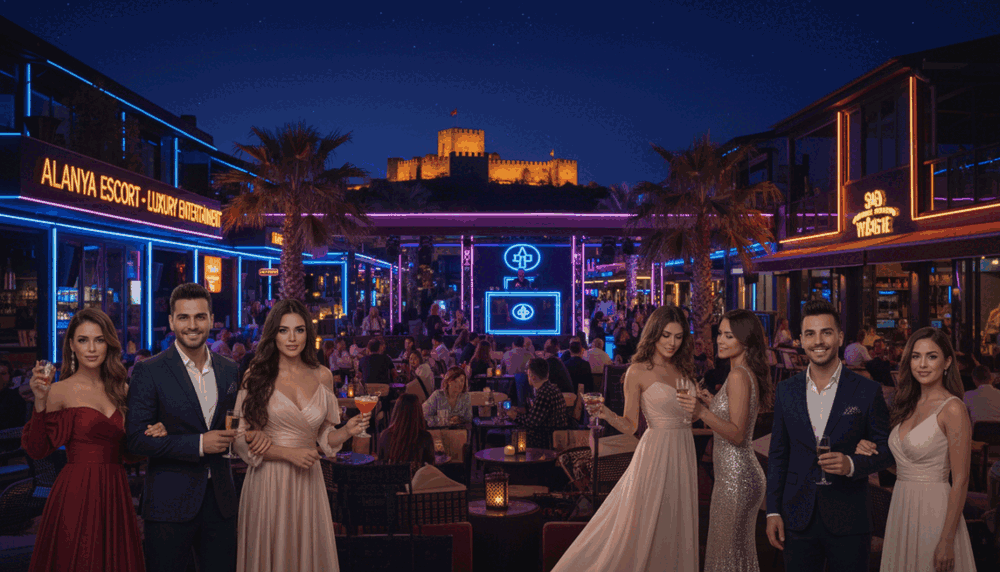 A vibrant nighttime scene in Alanya's bustling nightlife, showcasing a lively street filled with stylish outdoor cafes and bars, illuminated by colorful neon lights. In the foreground, a gracefully mingling group of well-dressed individuals, wearing elegant evening attire, engaged in friendly conversation and laughter. In the middle ground, a stylish bar with patrons enjoying lively music and cocktails, surrounded by palm trees swaying gently in a warm night breeze. The background features the stunning silhouette of Alanya's historic castle, subtly lit against a deep blue sky sprinkled with stars. The overall mood is festive and inviting, capturing the essence of luxury and entertainment in Alanya, reinforcing the spirit of the brand "alanya escort" through a sophisticated lens with soft focus on human interactions. A vibrant nighttime scene in Alanya's bustling nightlife, showcasing a lively street filled with stylish outdoor cafes and bars, illuminated by colorful neon lights. In the foreground, a gracefully mingling group of well-dressed individuals, wearing elegant evening attire, engaged in friendly conversation and laughter. In the middle ground, a stylish bar with patrons enjoying lively music and cocktails, surrounded by palm trees swaying gently in a warm night breeze. The background features the stunning silhouette of Alanya's historic castle, subtly lit against a deep blue sky sprinkled with stars. The overall mood is festive and inviting, capturing the essence of luxury and entertainment in Alanya, reinforcing the spirit of the brand "alanya escort" through a sophisticated lens with soft focus on human interactions.