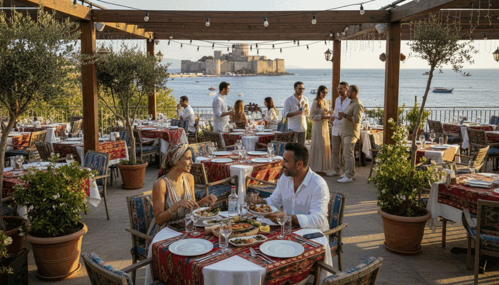 A vibrant outdoor dining scene at a popular restaurant in Alanya, showcasing a variety of tables set with colorful tablecloths and elegant dinnerware. In the foreground, a couple is enjoying a traditional Turkish meal, dressed in modest casual attire. In the middle ground, other guests mingle, creating a lively atmosphere. Potted plants and fairy lights add charm, enhancing the ambiance. The background features an enchanting view of Alanya's shoreline and ancient castle, bathed in warm afternoon sunlight. Soft shadows stretch across the scene, creating an inviting mood. Overall, this image should capture the essence of dining out in Alanya, reflecting the title "Alanya party escort" subtly through elegant, social interactions. A vibrant outdoor dining scene at a popular restaurant in Alanya, showcasing a variety of tables set with colorful tablecloths and elegant dinnerware. In the foreground, a couple is enjoying a traditional Turkish meal, dressed in modest casual attire. In the middle ground, other guests mingle, creating a lively atmosphere. Potted plants and fairy lights add charm, enhancing the ambiance. The background features an enchanting view of Alanya's shoreline and ancient castle, bathed in warm afternoon sunlight. Soft shadows stretch across the scene, creating an inviting mood. Overall, this image should capture the essence of dining out in Alanya, reflecting the title "Alanya party escort" subtly through elegant, social interactions.
