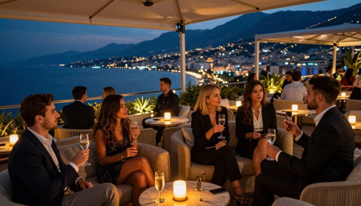 A vibrant scene capturing the essence of nightlife in Alanya, focusing on a luxurious rooftop lounge of an "Alanya escort otel konsepti." In the foreground, elegantly dressed professionals in smart attire engage in animated conversation, with glasses of sparkling drinks in hand. The middle ground features plush seating and softly glowing candlelight on tables, emitting a warm and inviting atmosphere. The background displays a breathtaking view of the Alanya coastline and city lights twinkling under a twilight sky, casting a magical ambiance. Ambient lighting creates a cozy yet sophisticated mood, enhancing the experience of social interaction and the excitement of nightlife. The angle is slightly tilted, adding a dynamic touch to the composition while maintaining a clear focus on the joy of pursuit and exploration in entertainment. A vibrant scene capturing the essence of nightlife in Alanya, focusing on a luxurious rooftop lounge of an "Alanya escort otel konsepti." In the foreground, elegantly dressed professionals in smart attire engage in animated conversation, with glasses of sparkling drinks in hand. The middle ground features plush seating and softly glowing candlelight on tables, emitting a warm and inviting atmosphere. The background displays a breathtaking view of the Alanya coastline and city lights twinkling under a twilight sky, casting a magical ambiance. Ambient lighting creates a cozy yet sophisticated mood, enhancing the experience of social interaction and the excitement of nightlife. The angle is slightly tilted, adding a dynamic touch to the composition while maintaining a clear focus on the joy of pursuit and exploration in entertainment.