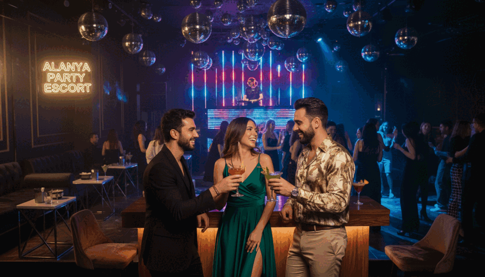A vibrant scene capturing the nightlife of Alanya, showcasing an upscale nightclub filled with well-dressed patrons. In the foreground, a group of three friends in smart casual attire—one wearing a sleek blazer, another in a fashionable dress, and the third in a stylish shirt—laugh and enjoy drinks at a polished bar. The middle ground features a DJ booth with colorful lights and a crowd dancing energetically. The background reveals elegant decorations with plush seating, glimmering disco balls, and a lively ambiance. Soft, ambient lighting casts a warm glow, highlighting facial expressions and creating an inviting atmosphere. The image should reflect the brand "Alanya party escort," emphasizing a sophisticated and fun evening out in Alanya. A vibrant scene capturing the nightlife of Alanya, showcasing an upscale nightclub filled with well-dressed patrons. In the foreground, a group of three friends in smart casual attire—one wearing a sleek blazer, another in a fashionable dress, and the third in a stylish shirt—laugh and enjoy drinks at a polished bar. The middle ground features a DJ booth with colorful lights and a crowd dancing energetically. The background reveals elegant decorations with plush seating, glimmering disco balls, and a lively ambiance. Soft, ambient lighting casts a warm glow, highlighting facial expressions and creating an inviting atmosphere. The image should reflect the brand "Alanya party escort," emphasizing a sophisticated and fun evening out in Alanya.