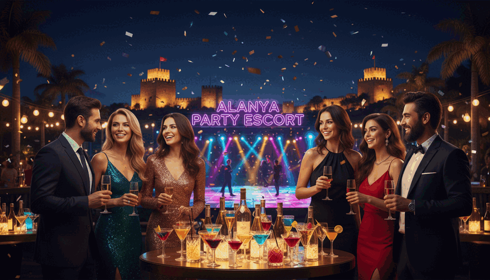 A vibrant scene depicting a luxurious party atmosphere in Alanya, showcasing the essence of "Alanya party escort" services. In the foreground, a well-dressed group of diverse individuals, wearing elegant evening attire, are engaged in lively conversation and laughter, conveying a sense of sophistication and enjoyment. In the middle, a stylish bar area with colorful drinks and ambient lighting creates an inviting allure, while behind them, a vibrant disco dance floor is lit with dazzling multicolored lights, suggesting upbeat music and energy. The background features the beautiful architecture of Alanya, softly illuminated under the night sky, enhancing the festive mood. The entire scene is captured in a warm, inviting glow, emphasizing a carefree yet upscale ambiance, perfect for socializing. A vibrant scene depicting a luxurious party atmosphere in Alanya, showcasing the essence of "Alanya party escort" services. In the foreground, a well-dressed group of diverse individuals, wearing elegant evening attire, are engaged in lively conversation and laughter, conveying a sense of sophistication and enjoyment. In the middle, a stylish bar area with colorful drinks and ambient lighting creates an inviting allure, while behind them, a vibrant disco dance floor is lit with dazzling multicolored lights, suggesting upbeat music and energy. The background features the beautiful architecture of Alanya, softly illuminated under the night sky, enhancing the festive mood. The entire scene is captured in a warm, inviting glow, emphasizing a carefree yet upscale ambiance, perfect for socializing.