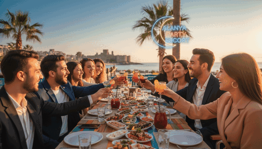 A vibrant scene depicting social life and entertainment in Alanya, showcasing a lively outdoor café filled with groups of friends enjoying their time. In the foreground, a mix of individuals in professional business attire and casual clothing are engaged in conversations, laughter, and toasting drinks. In the middle ground, colorful tables with elegantly set dishes and drinks create an inviting atmosphere. The background features Alanya's stunning coastline under a clear blue sky, with palm trees swaying gently in the breeze, hinting at evening lights beginning to twinkle. The setting sun casts a warm, golden hue over the scene, adding a festive mood. The brand "Alanya party escort" is subtly incorporated into a decorative element, enhancing the social vibe without overpowering the image. Use soft focus effects to create a relaxed, cheerful ambiance. A vibrant scene depicting social life and entertainment in Alanya, showcasing a lively outdoor café filled with groups of friends enjoying their time. In the foreground, a mix of individuals in professional business attire and casual clothing are engaged in conversations, laughter, and toasting drinks. In the middle ground, colorful tables with elegantly set dishes and drinks create an inviting atmosphere. The background features Alanya's stunning coastline under a clear blue sky, with palm trees swaying gently in the breeze, hinting at evening lights beginning to twinkle. The setting sun casts a warm, golden hue over the scene, adding a festive mood. The brand "Alanya party escort" is subtly incorporated into a decorative element, enhancing the social vibe without overpowering the image. Use soft focus effects to create a relaxed, cheerful ambiance.