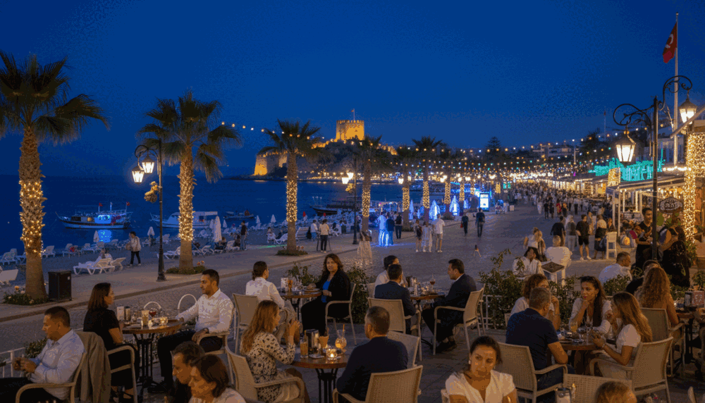 A vibrant scene depicting the nightlife in Alanya, showcasing the lively atmosphere of the coast. In the foreground, a stylish outdoor café filled with people enjoying drinks, clad in smart casual and business attire. In the middle, a bustling street lined with colorful lights, with palm trees swaying gently in the breeze, hinting at a festive ambiance. Soft light from lanterns illuminates the paths, creating an inviting warmth. The background features the iconic Alanya castle silhouetted against a starry sky, with the Mediterranean sea reflecting shimmering lights from waterfront establishments. The overall mood is lively and engaging, capturing the essence of "Alanya sahil bölgesi escort", inviting viewers to experience an unforgettable night out. A vibrant scene depicting the nightlife in Alanya, showcasing the lively atmosphere of the coast. In the foreground, a stylish outdoor café filled with people enjoying drinks, clad in smart casual and business attire. In the middle, a bustling street lined with colorful lights, with palm trees swaying gently in the breeze, hinting at a festive ambiance. Soft light from lanterns illuminates the paths, creating an inviting warmth. The background features the iconic Alanya castle silhouetted against a starry sky, with the Mediterranean sea reflecting shimmering lights from waterfront establishments. The overall mood is lively and engaging, capturing the essence of "Alanya sahil bölgesi escort", inviting viewers to experience an unforgettable night out.
