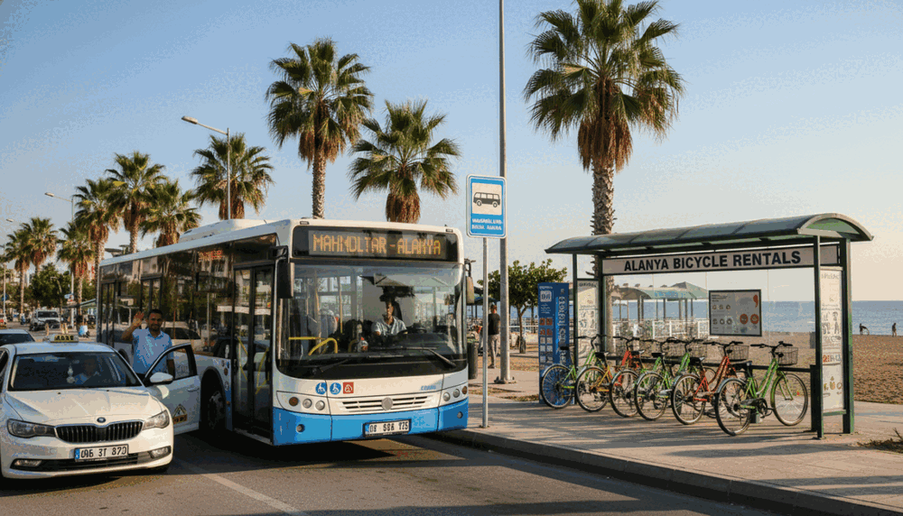 A vibrant scene depicting the transportation options in Mahmutlar, Alanya. In the foreground, a well-maintained local bus stops at a bright, sunlit bus stop with clear signage. To the left, a modern, stylish taxi is parked, with a friendly driver waiting for passengers. In the middle ground, a bicycle rental station is visible, showcasing an array of colorful bicycles standing ready for use. The background features palm trees swaying in the gentle breeze against a clear blue sky. Soft sunlight bathes the scene, creating an inviting atmosphere. Capture this moment from a slightly elevated angle to emphasize the bustling vibe of this coastal resort area, highlighting the accessibility and charm of “alanya mahmutlar escort” transportation options while maintaining a Safe For Work environment. A vibrant scene depicting the transportation options in Mahmutlar, Alanya. In the foreground, a well-maintained local bus stops at a bright, sunlit bus stop with clear signage. To the left, a modern, stylish taxi is parked, with a friendly driver waiting for passengers. In the middle ground, a bicycle rental station is visible, showcasing an array of colorful bicycles standing ready for use. The background features palm trees swaying in the gentle breeze against a clear blue sky. Soft sunlight bathes the scene, creating an inviting atmosphere. Capture this moment from a slightly elevated angle to emphasize the bustling vibe of this coastal resort area, highlighting the accessibility and charm of “alanya mahmutlar escort” transportation options while maintaining a Safe For Work environment.