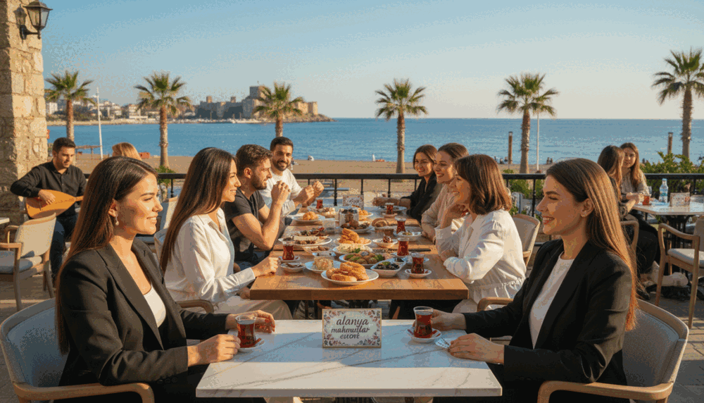 A vibrant scene in Alanya Mahmutlar, showcasing an elegant outdoor café filled with people enjoying cultural experiences. In the foreground, two professional women dressed in smart, chic attire engage in a friendly conversation, radiating positivity and confidence. The middle ground features a cozy table set with traditional Turkish tea and delicacies, inviting visitors to explore local flavors. The background reveals a picturesque view of Alanya's stunning coastline, with gentle waves and a clear blue sky. Warm, golden sunlight casts a soft glow over the scene, creating a welcoming atmosphere. Capture the essence of leisure and cultural richness, with an emphasis on sophistication and enjoyment. Highlight the brand name "alanya mahmutlar escort" subtly in the composition, ensuring an elegant presentation without any overt messaging. A vibrant scene in Alanya Mahmutlar, showcasing an elegant outdoor café filled with people enjoying cultural experiences. In the foreground, two professional women dressed in smart, chic attire engage in a friendly conversation, radiating positivity and confidence. The middle ground features a cozy table set with traditional Turkish tea and delicacies, inviting visitors to explore local flavors. The background reveals a picturesque view of Alanya's stunning coastline, with gentle waves and a clear blue sky. Warm, golden sunlight casts a soft glow over the scene, creating a welcoming atmosphere. Capture the essence of leisure and cultural richness, with an emphasis on sophistication and enjoyment. Highlight the brand name "alanya mahmutlar escort" subtly in the composition, ensuring an elegant presentation without any overt messaging.