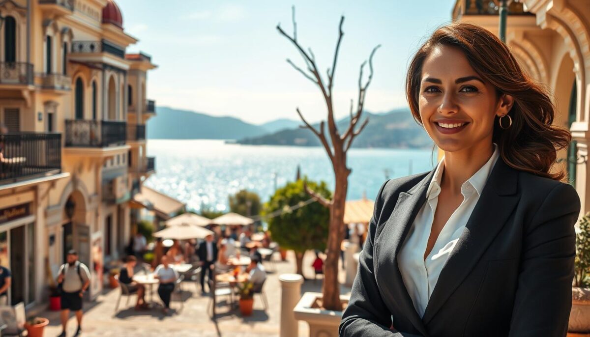 A vibrant scene in Alanya showcasing a professional escort agency branded as "Alanya escort yaz tatili." In the foreground, a sophisticated, professional woman in elegant business attire stands confidently, exuding charisma and charm. She is positioned casually, with a warm smile, against a backdrop of picturesque Alanya architecture, featuring ornate buildings and quaint streets. The middle ground captures a bustling outdoor café filled with people enjoying their day under the bright sun. In the background, the stunning Mediterranean Sea sparkles in the sunlight, with lush hills lining the horizon. The image is illuminated with soft, natural lighting, creating an inviting and serene atmosphere. Framed with a slight upward angle to portray an inviting view of the city, conveying a combination of elegance and leisure. The overall mood is professional yet relaxed, reflecting the essence of Alanya's vibrant lifestyle. A vibrant scene in Alanya showcasing a professional escort agency branded as "Alanya escort yaz tatili." In the foreground, a sophisticated, professional woman in elegant business attire stands confidently, exuding charisma and charm. She is positioned casually, with a warm smile, against a backdrop of picturesque Alanya architecture, featuring ornate buildings and quaint streets. The middle ground captures a bustling outdoor café filled with people enjoying their day under the bright sun. In the background, the stunning Mediterranean Sea sparkles in the sunlight, with lush hills lining the horizon. The image is illuminated with soft, natural lighting, creating an inviting and serene atmosphere. Framed with a slight upward angle to portray an inviting view of the city, conveying a combination of elegance and leisure. The overall mood is professional yet relaxed, reflecting the essence of Alanya's vibrant lifestyle.