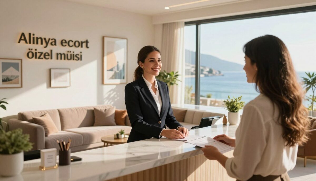 A vibrant scene in Alanya, showcasing a stylish and modern reception area for an exclusive escort service, labeled "Alanya escort özel müşteri." In the foreground, a professional and elegantly dressed receptionist welcomes clients with a warm smile, dressed in business attire. The middle ground features tasteful décor, including tasteful artwork and comfortable seating, creating a sophisticated atmosphere. The background displays large windows revealing a scenic view of Alanya's beautiful coastline, with soft sunlight streaming in, creating a welcoming glow. The image should capture a sense of luxury, professionalism, and discretion, with a focus on creating a safe and inviting environment. The angle should be a slight wide shot, giving a sense of space while keeping attention on the reception area. Ensure the scene is bright and inviting, with natural lighting enhancing the mood. A vibrant scene in Alanya, showcasing a stylish and modern reception area for an exclusive escort service, labeled "Alanya escort özel müşteri." In the foreground, a professional and elegantly dressed receptionist welcomes clients with a warm smile, dressed in business attire. The middle ground features tasteful décor, including tasteful artwork and comfortable seating, creating a sophisticated atmosphere. The background displays large windows revealing a scenic view of Alanya's beautiful coastline, with soft sunlight streaming in, creating a welcoming glow. The image should capture a sense of luxury, professionalism, and discretion, with a focus on creating a safe and inviting environment. The angle should be a slight wide shot, giving a sense of space while keeping attention on the reception area. Ensure the scene is bright and inviting, with natural lighting enhancing the mood.