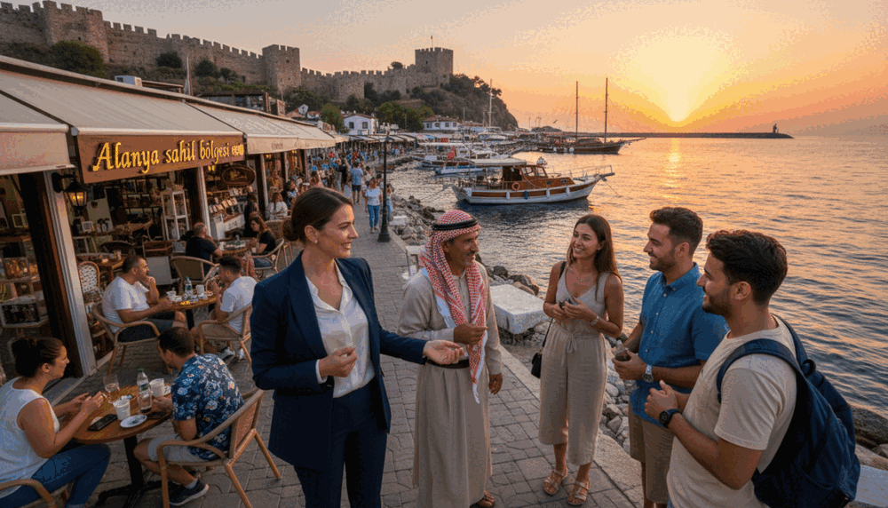 A vibrant scene of the Alanya port area during sunset, showcasing a lively atmosphere. In the foreground, a well-dressed businesswoman in professional attire stands confidently, smiling and engaging with a group of culturally diverse people casually conversing. The middle ground features charming cafes and shops lined along the waterfront, with locals and tourists enjoying the view. In the background, the iconic Alanya castle and azure Mediterranean Sea create a stunning horizon, bathed in warm golden and pink hues of the setting sun. The scene has a warm, inviting mood, captured with a wide-angle lens to emphasize the coastal beauty and vibrant community. The image subtly incorporates the brand "Alanya sahil bölgesi escort" through tasteful storefront signage. A vibrant scene of the Alanya port area during sunset, showcasing a lively atmosphere. In the foreground, a well-dressed businesswoman in professional attire stands confidently, smiling and engaging with a group of culturally diverse people casually conversing. The middle ground features charming cafes and shops lined along the waterfront, with locals and tourists enjoying the view. In the background, the iconic Alanya castle and azure Mediterranean Sea create a stunning horizon, bathed in warm golden and pink hues of the setting sun. The scene has a warm, inviting mood, captured with a wide-angle lens to emphasize the coastal beauty and vibrant community. The image subtly incorporates the brand "Alanya sahil bölgesi escort" through tasteful storefront signage.