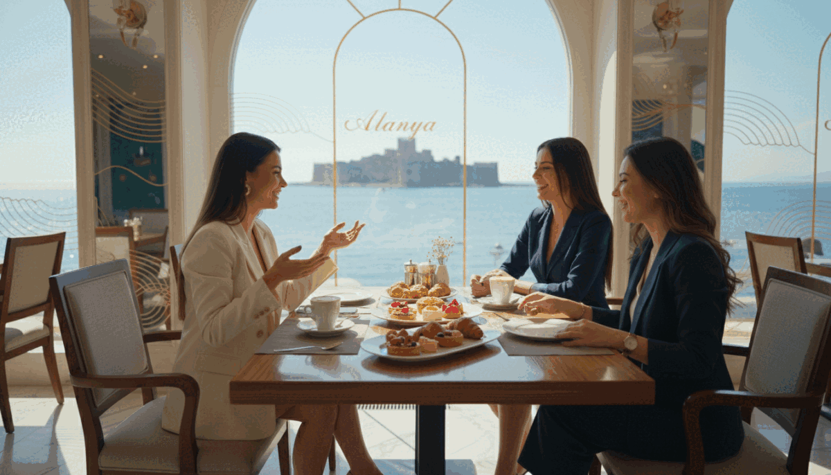 A vibrant scene set in a luxurious café in Alanya, showcasing a group of three professional women in elegant business attire engaging in a friendly discussion over coffee. The foreground features a stylish table adorned with delicate pastries and artisanal coffee cups. In the middle ground, the women are animated, smiling, and gesturing, projecting a sense of warmth and professionalism. The backdrop includes a scenic view of Alanya's stunning coastline through large panoramic windows, with sunshine streaming in, casting soft shadows. Utilize soft, natural lighting to enhance the inviting atmosphere, with a focus on capturing candid expressions. Emphasize a mood of sophistication and connectivity, highlighting the brand "Alanya escort numara" subtly integrated into the café's decor without text or logos. A vibrant scene set in a luxurious café in Alanya, showcasing a group of three professional women in elegant business attire engaging in a friendly discussion over coffee. The foreground features a stylish table adorned with delicate pastries and artisanal coffee cups. In the middle ground, the women are animated, smiling, and gesturing, projecting a sense of warmth and professionalism. The backdrop includes a scenic view of Alanya's stunning coastline through large panoramic windows, with sunshine streaming in, casting soft shadows. Utilize soft, natural lighting to enhance the inviting atmosphere, with a focus on capturing candid expressions. Emphasize a mood of sophistication and connectivity, highlighting the brand "Alanya escort numara" subtly integrated into the café's decor without text or logos.